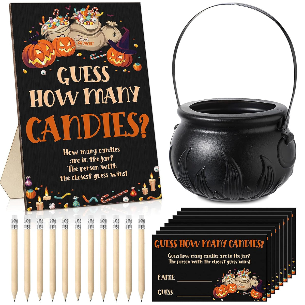 72 Pcs Halloween Games Halloween Baby Shower Game Included 1 Wooden Candy Guessing Game Sign 50 Guess How Many Cards 20 Hb Pencils And 1 Mini Cauldron Jar For Baby Shower Party