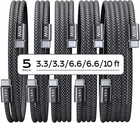 5 Pack USB C to USB C Fast Charging Cables 60W 3.3FT 6.6FT 10FT for iPhone 17 16 15 Galaxy S25