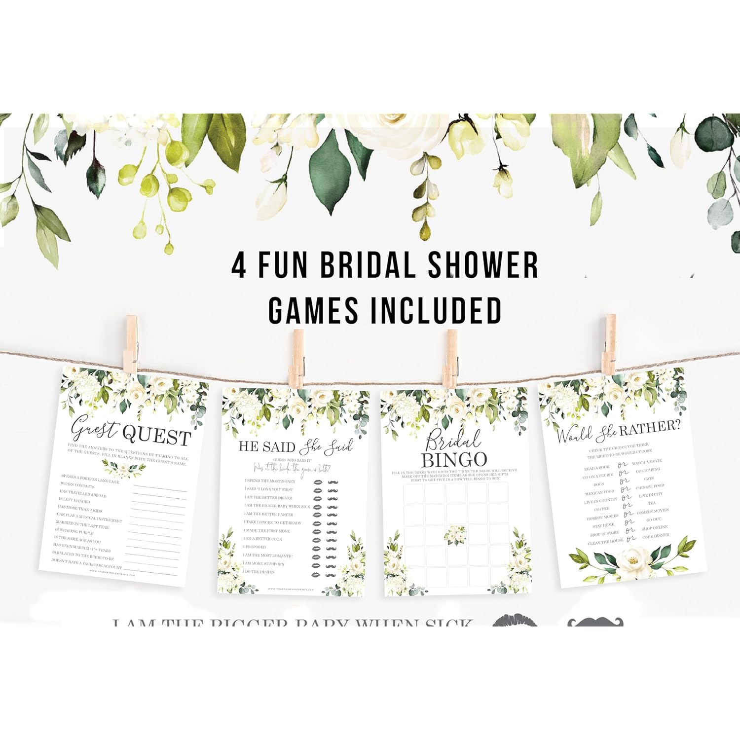 Bridal Shower Bachelorette Games - White Rose Floral - He Said She Said, Find The Guest Quest, Would She Rather, Bingo Game - 25 Games Each, Printed Front And Back, 1 Game Per Side