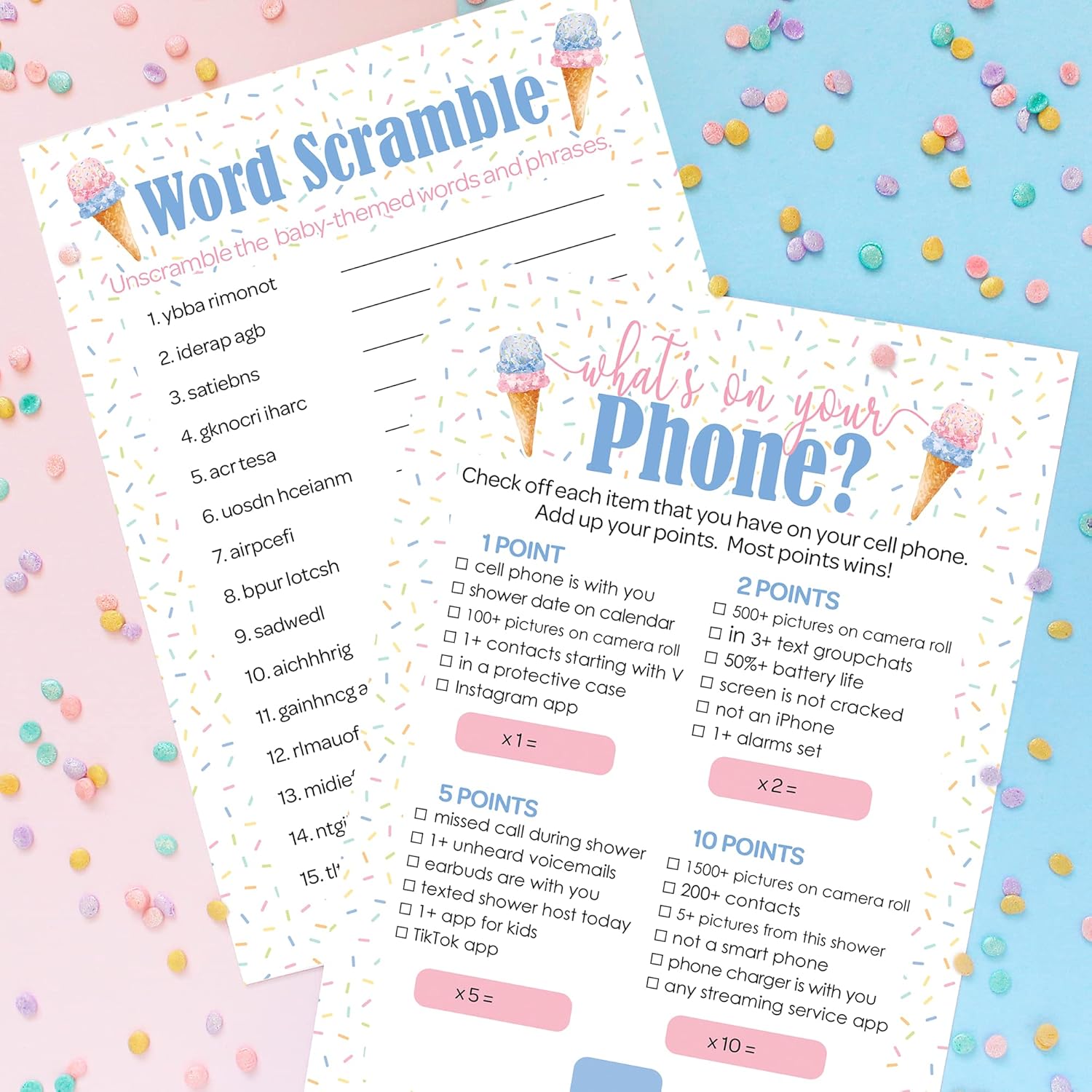 What'S The Scoop Gender Reveal Party 2 Game Bundle - What'S On Your Phone And Word Scramble - 20 Dual Sided Cards, Here'S The Scoop Ice Cream Baby Shower