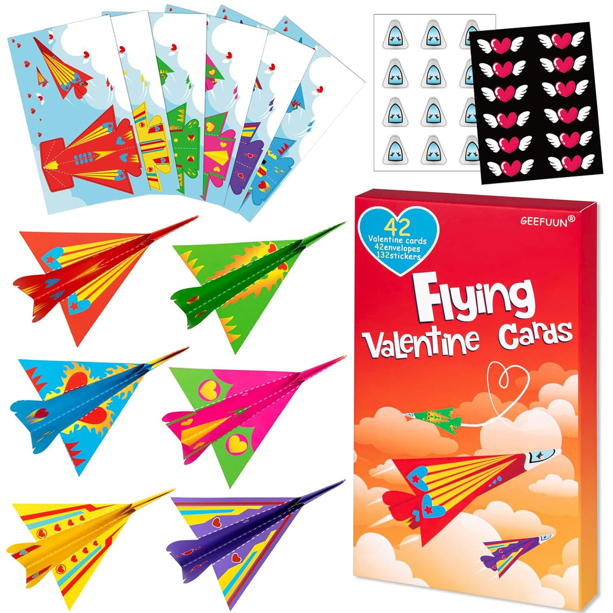 Valentines Cards For Kids Classroom: 42 Paper Airplane Cards + 42 Envelopes+ 132 Stickers Heart Crafts School Classroom Exchange Party Gift Favor