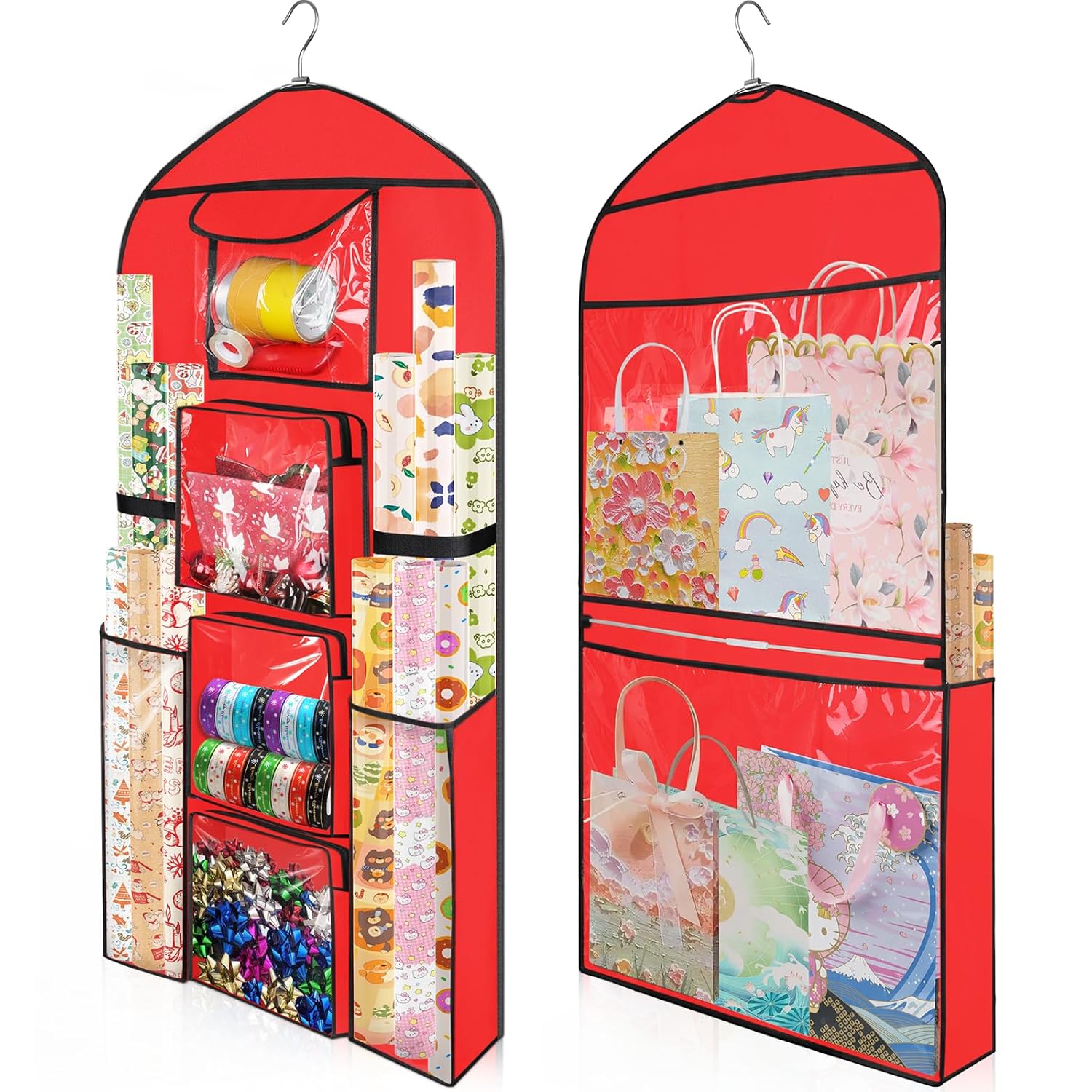 Hanging Gift Wrapping Paper Storage, 48X24 (Extra Large) Red Double-Sided Christmas Wrapper Bag Container, Oxford Long Craft Roll Organizer, Present Wrap Holder For Closet, Door