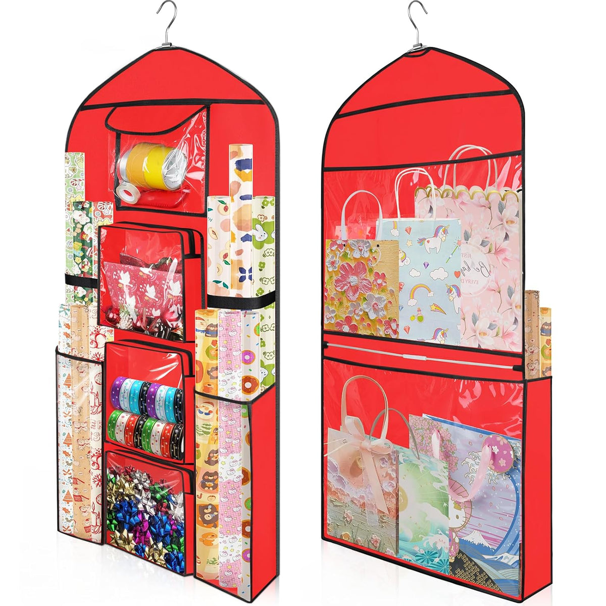 Hanging Gift Wrapping Paper Storage, 48X24 (Extra Large) Red Double-Sided Christmas Wrapper Bag Container, Oxford Long Craft Roll Organizer, Present Wrap Holder For Closet, Door