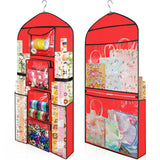 Hanging Gift Wrapping Paper Storage, 48X24 (Extra Large) Red Double-Sided Christmas Wrapper Bag Container, Oxford Long Craft Roll Organizer, Present Wrap Holder For Closet, Door