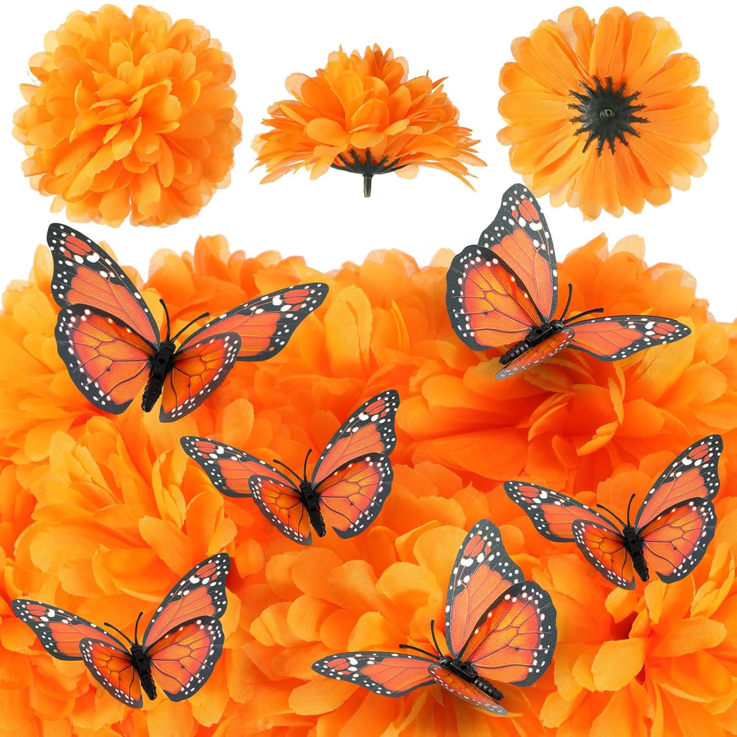92 Pcs Dia De Los Muertos Decorations, 80 Pcs Artificial Marigold Flowers With 12 Monarch Butterfly Fake Butterflies And Orange Marigolds For Diy Wreath Garland Craft Halloween Diwali Indian Wedding