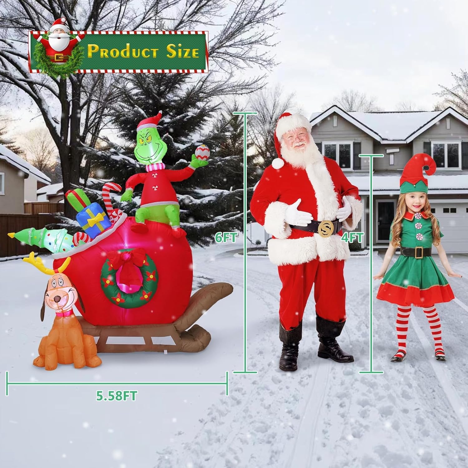 6 Ft Inflatable Christmas Decorations - Green Monster & Dog Max On Sleigh With Led Lights