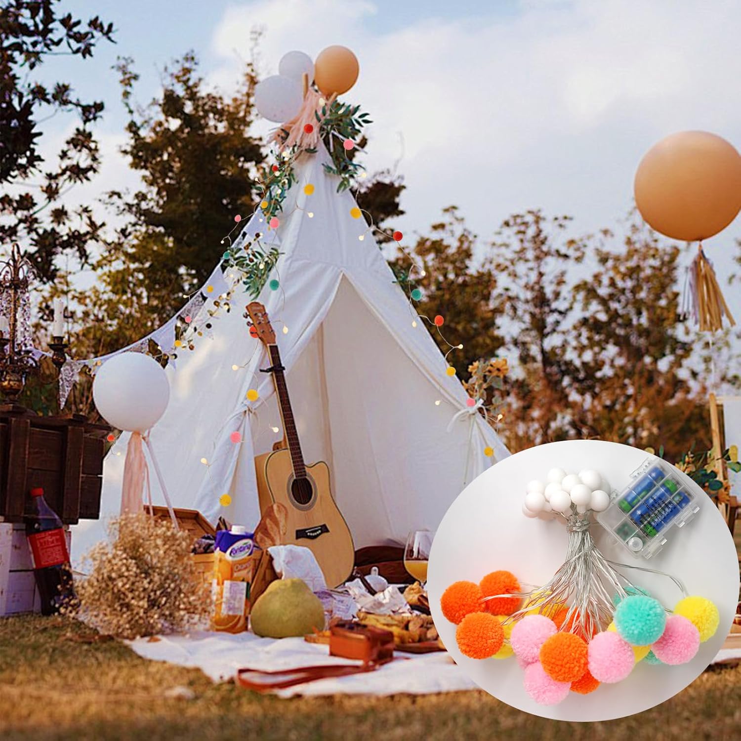 Led Pom Poms Fairy Lights - 21Feet, 20 Led, Battery Operated, Warm White Globe Lights Cute For Home,Kids Playhouse, Holi