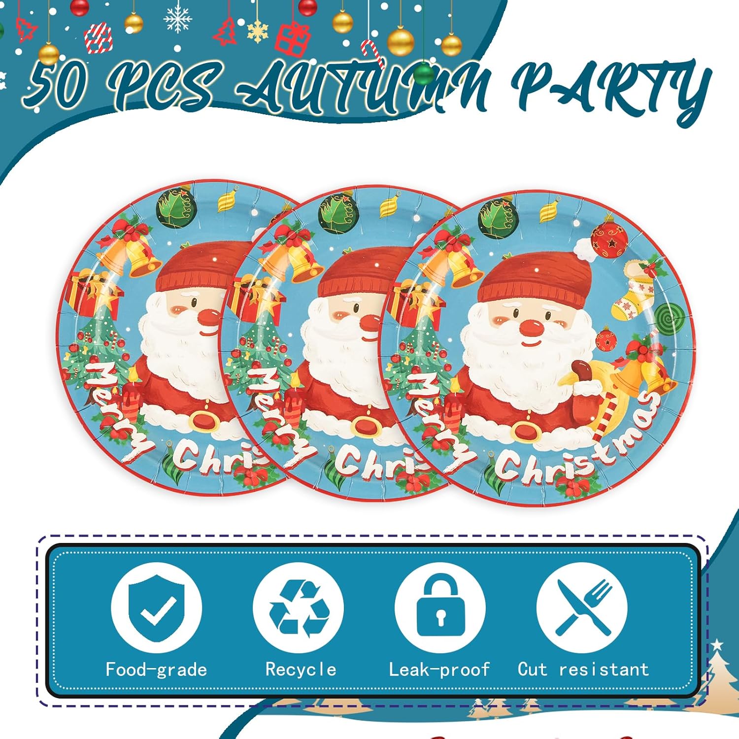 50Pcs Merry Christmas Paper Plates - 7Inch Blue Dessert Plates For Cake Fruit Salad Pizza Disposable Decoration Supplies For Christmas Birthday Wedding Party