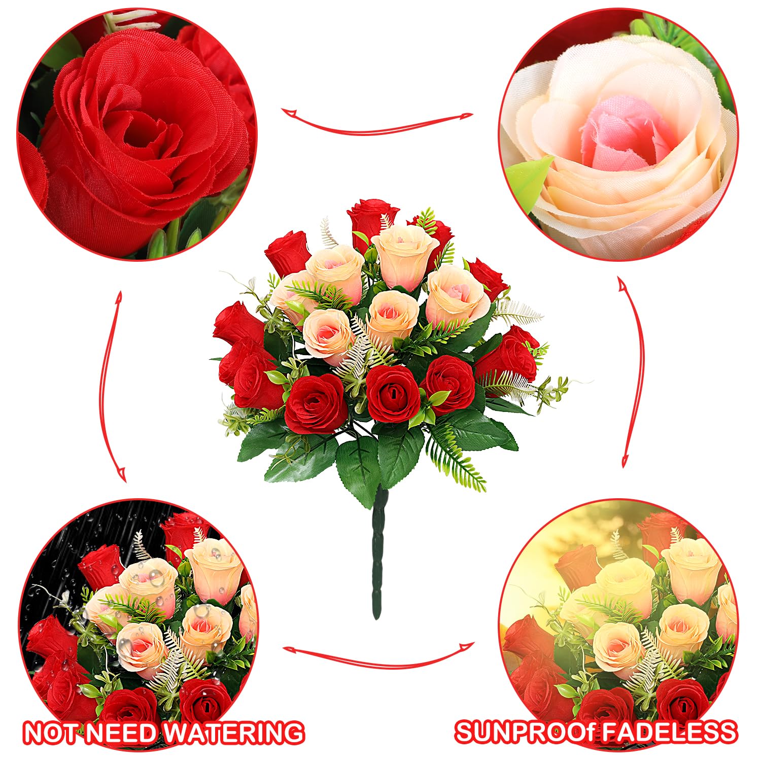 Artificial Cemetery Flowers,Cemetery Flowers For Grave,Outdoor Grave Decorations Roses,Memorial Flowers Bouquet With Cemetery Vase For Headstone Tombstone Decoration,2 Sets (Red Cranberry)