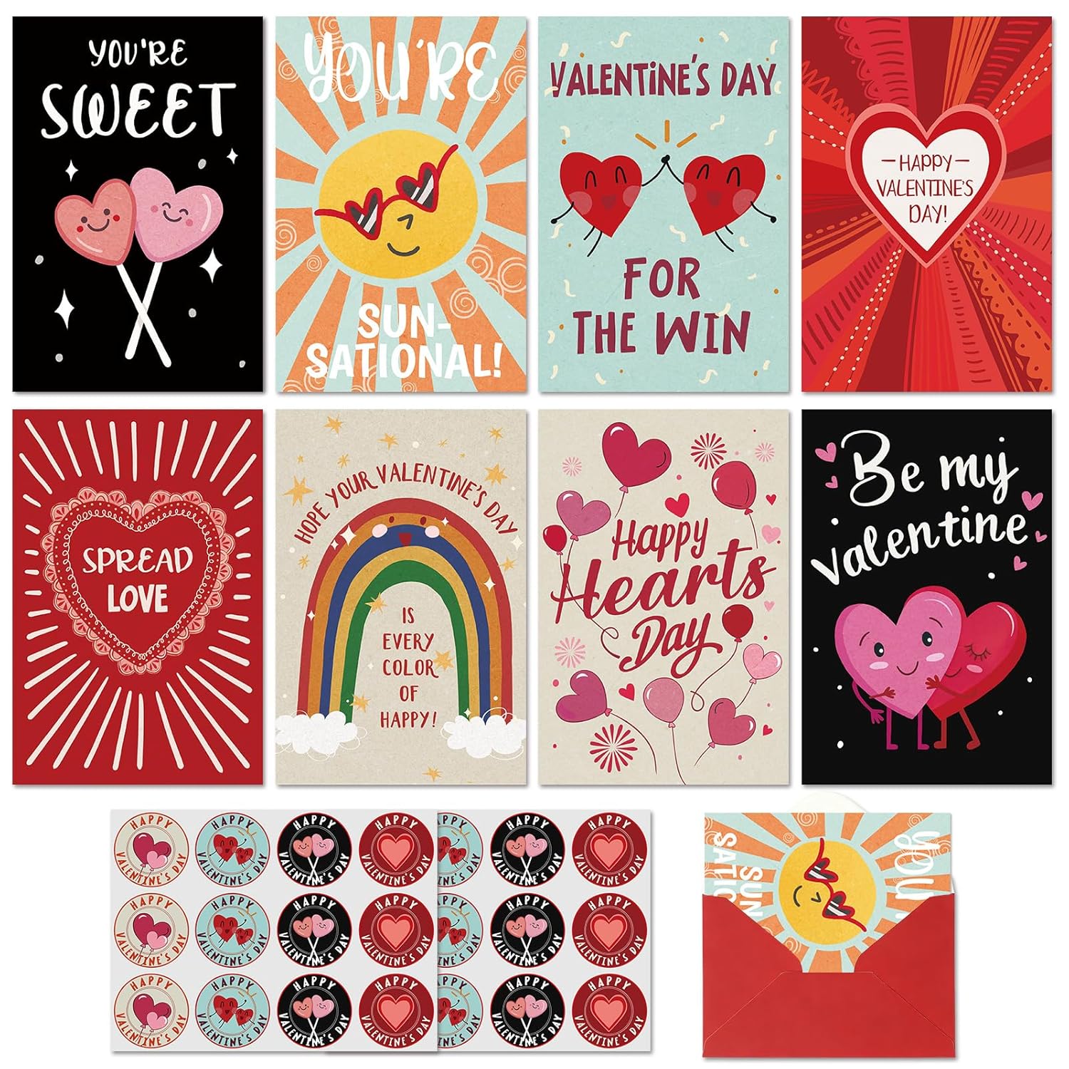 Funny 24 Pack Valentines Day Cards With Envelopes & Stickers, 8 Cute Designs Valentine Cards For Kids Classmate Friend Lovers Family, Love Notes For Boys Girls, 4 X 6 Inch