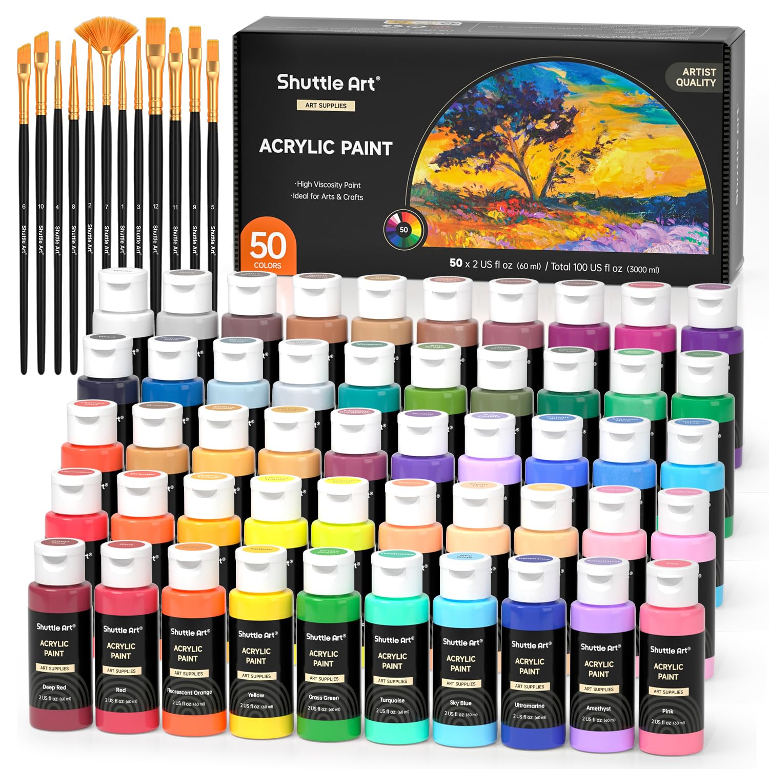 Acrylic Paint, 50 Colors Acrylic Paint Set, 2Oz/60Ml Bottles, Rich Pigments, Water Proof, Premium For Artists, Beginners And Kids On Canvas Rocks Wood Ceramic Fabric