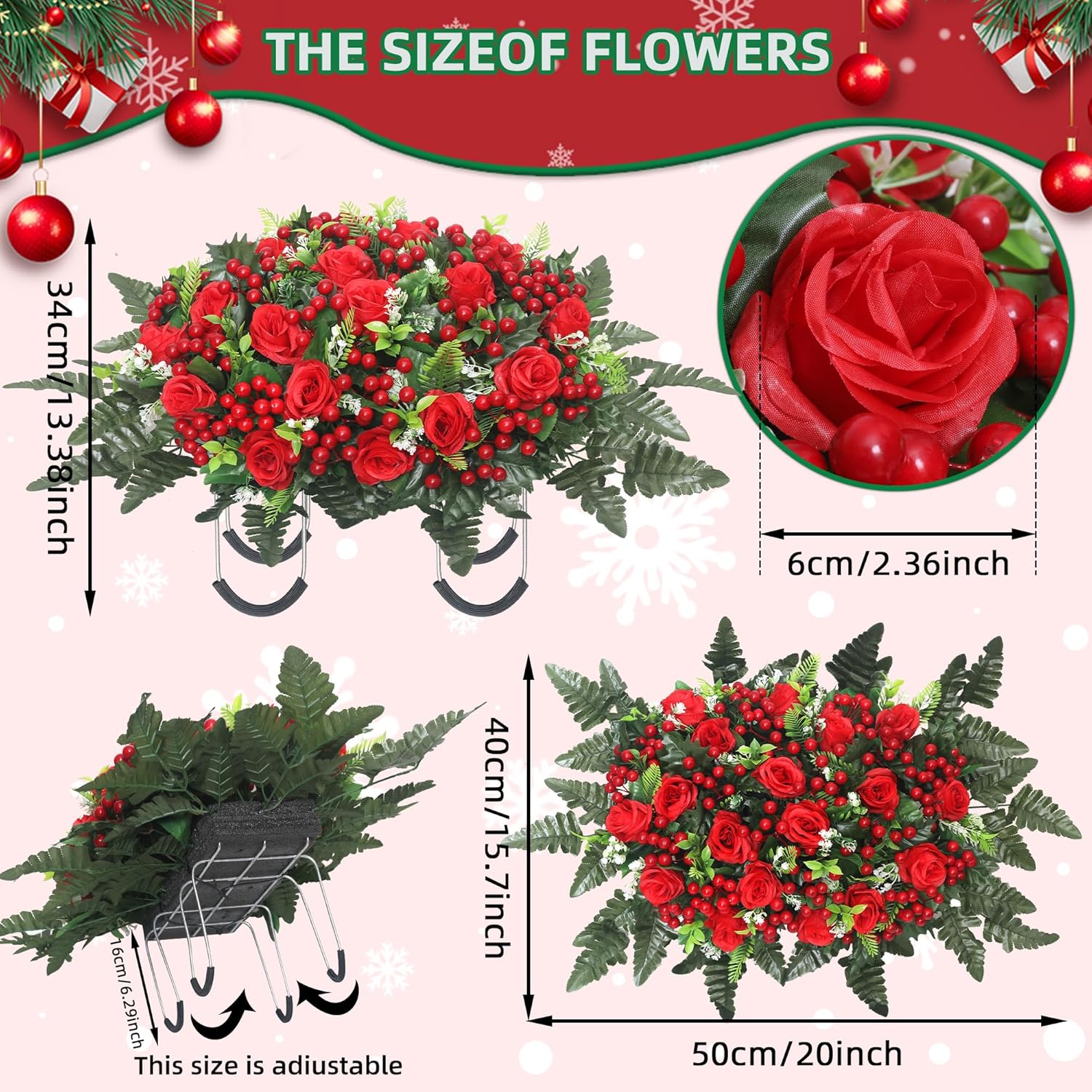 Christmas Artificial Cemetery Flowers,Artificial Cemetery Flowers Saddle For Outdoor Gravesite Tombstone Decorations,Roses And Artificial Red Berries Stems Ornaments