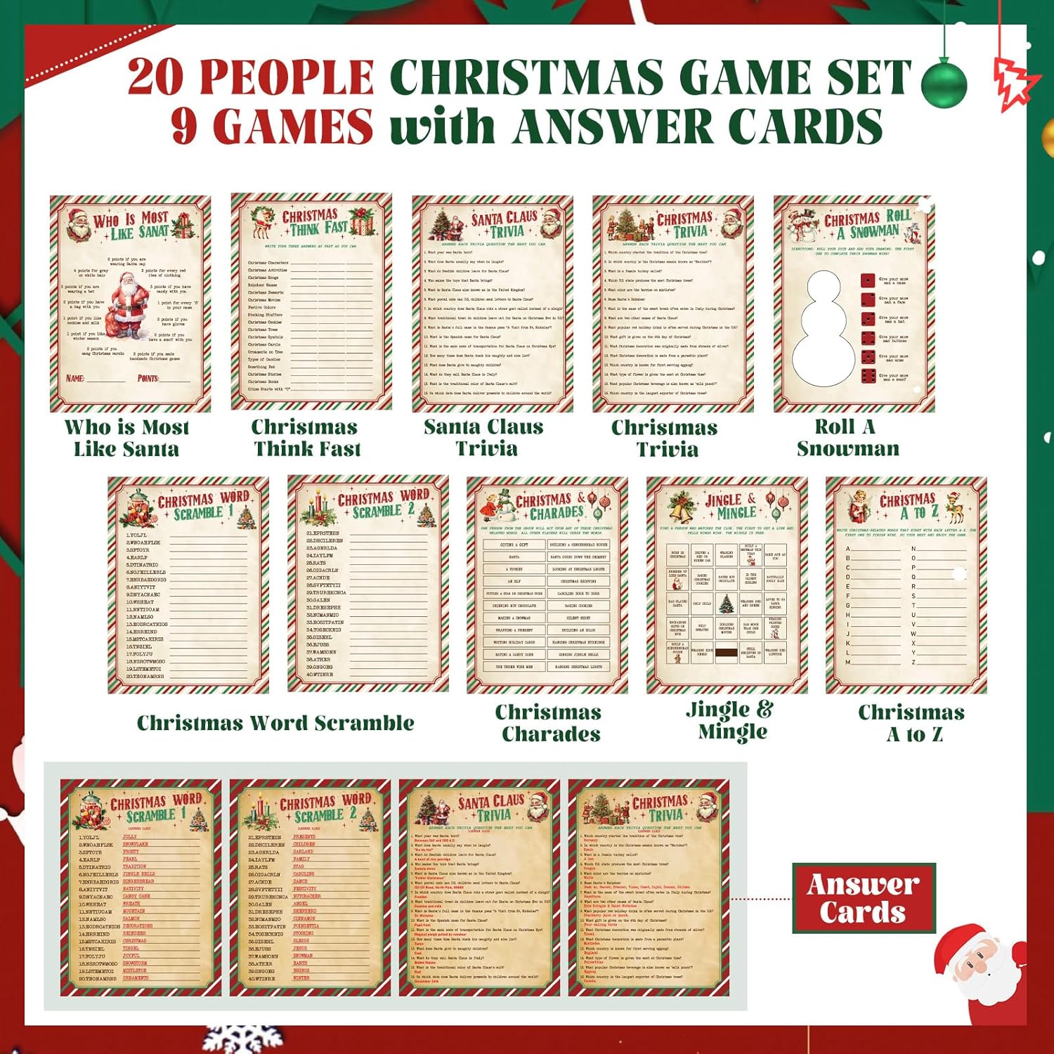 102 Pcs Christmas Trivia Games For Large Group Festival Question Answer Guessing Word Scramble Cards Activity For Xmas Indoor Game Holiday Party Activity Family Friends(Kraft,Candy Canes)