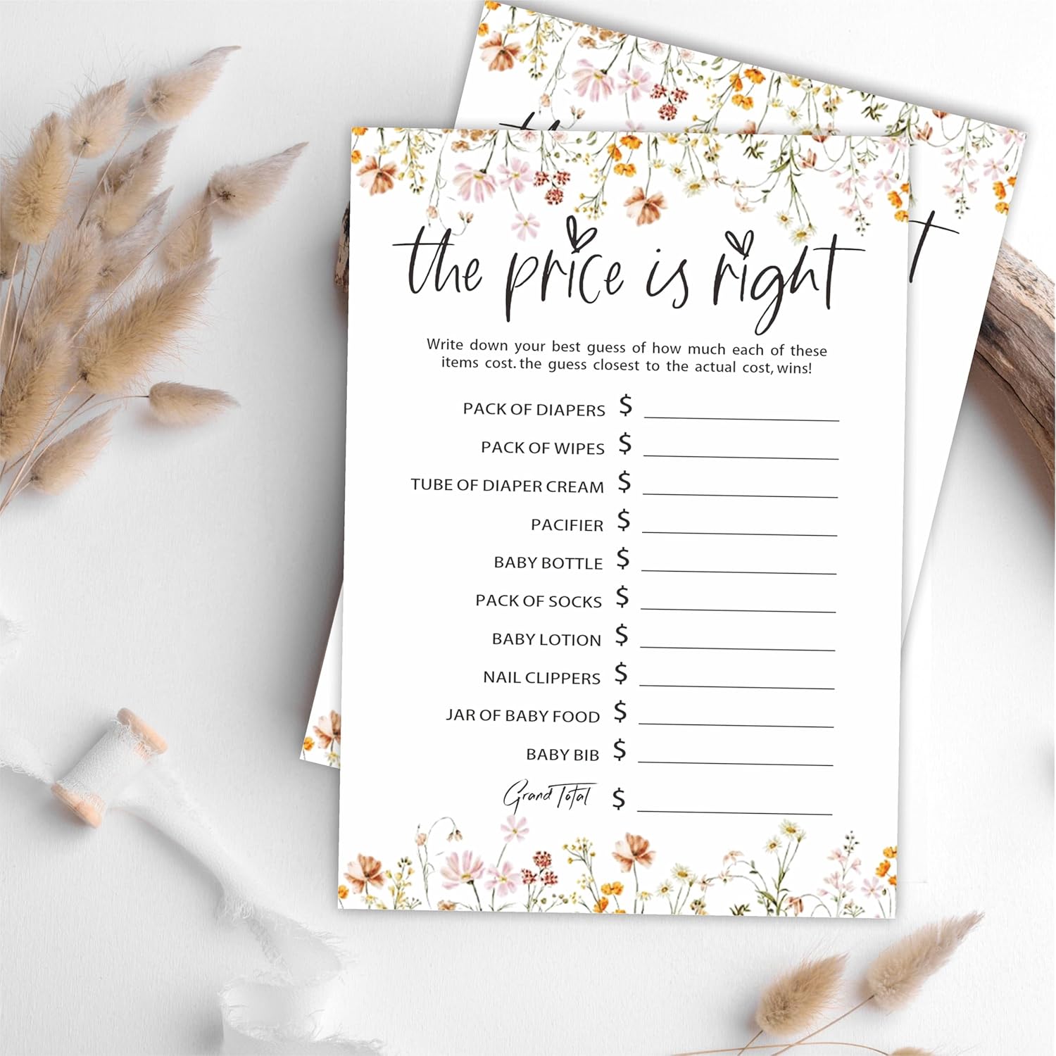 Floral Wild Flower Baby Shower Game - 30 Fill In Cards, Funny Gender Reveal Party Favor, Activity & Supplies - The Price Is Right Game Kit