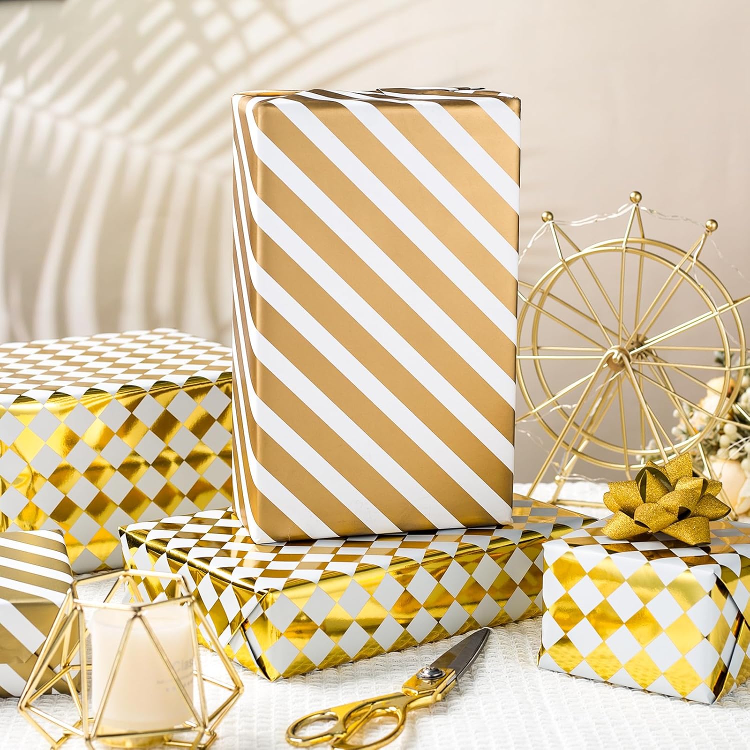Checkered Wrapping Paper Roll - White And Gold Metallic Foil Diamond & Stripe, Reversible Gift Wrap For Birthday, Mothers Day, Fathers Day, Graduation, Wedding, Bridal Shower, Christmas - Mini Roll - 17 In X 33 Ft