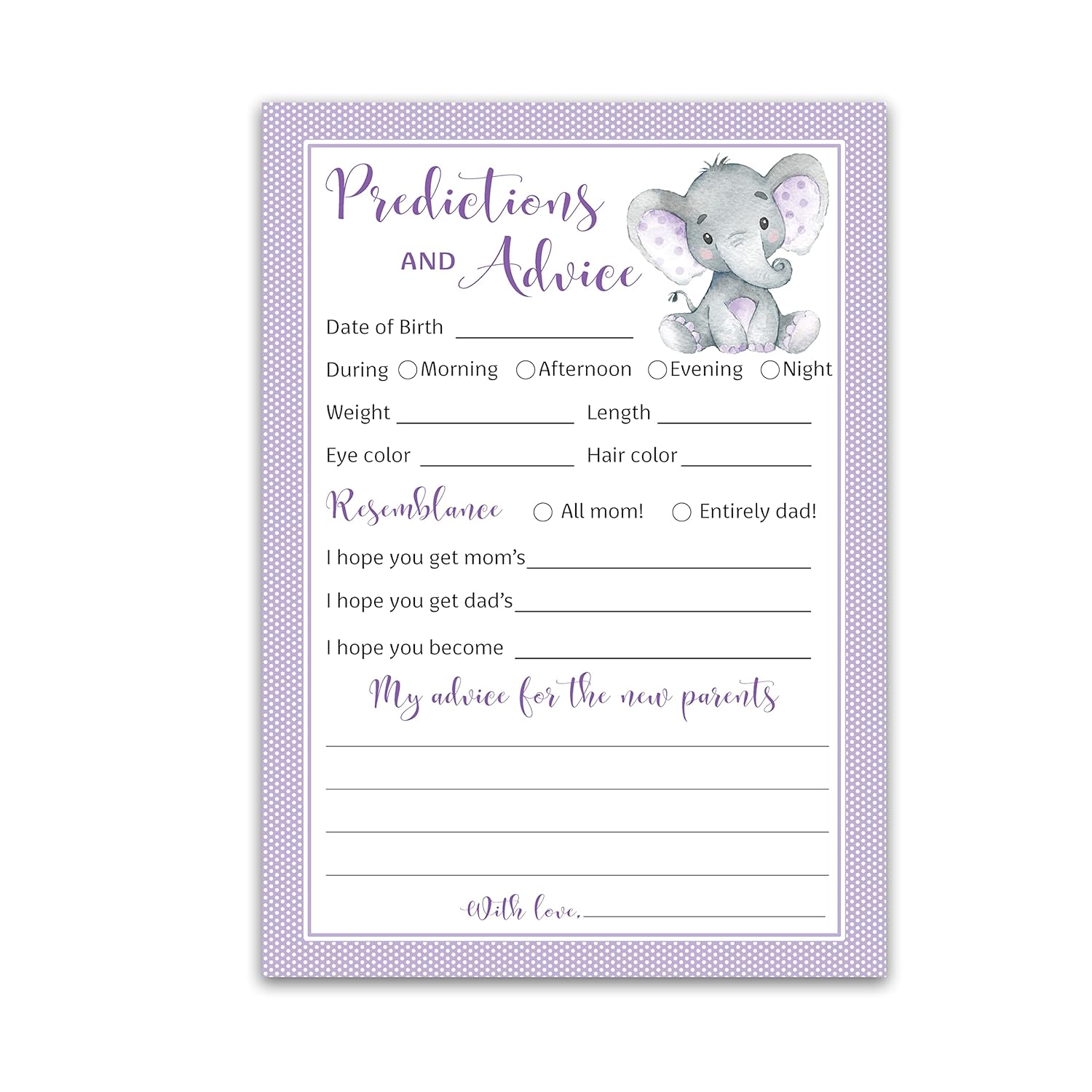 Purple Elephant Prediction And Advice Cards - Pack Of 25 - Girl Boy Baby Shower Games, New Parents, Mom & Dad To Be, Mommy & Daddy Message, Couples Coed Shower Activity Keepsake Book G503-Pdav
