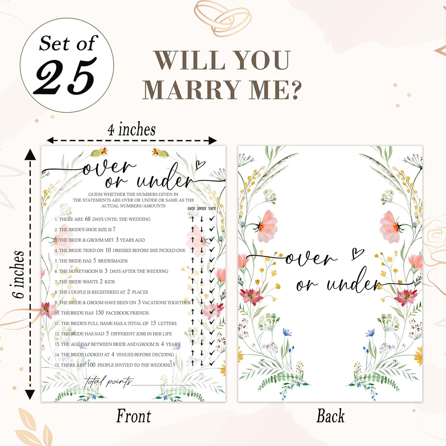 Wedding Shower Games, Guess Over Or Under, Floral Bridal Shower Game Cards 25 Guests Activity For Bachelorette Engagement Party Supplies Favors - C06