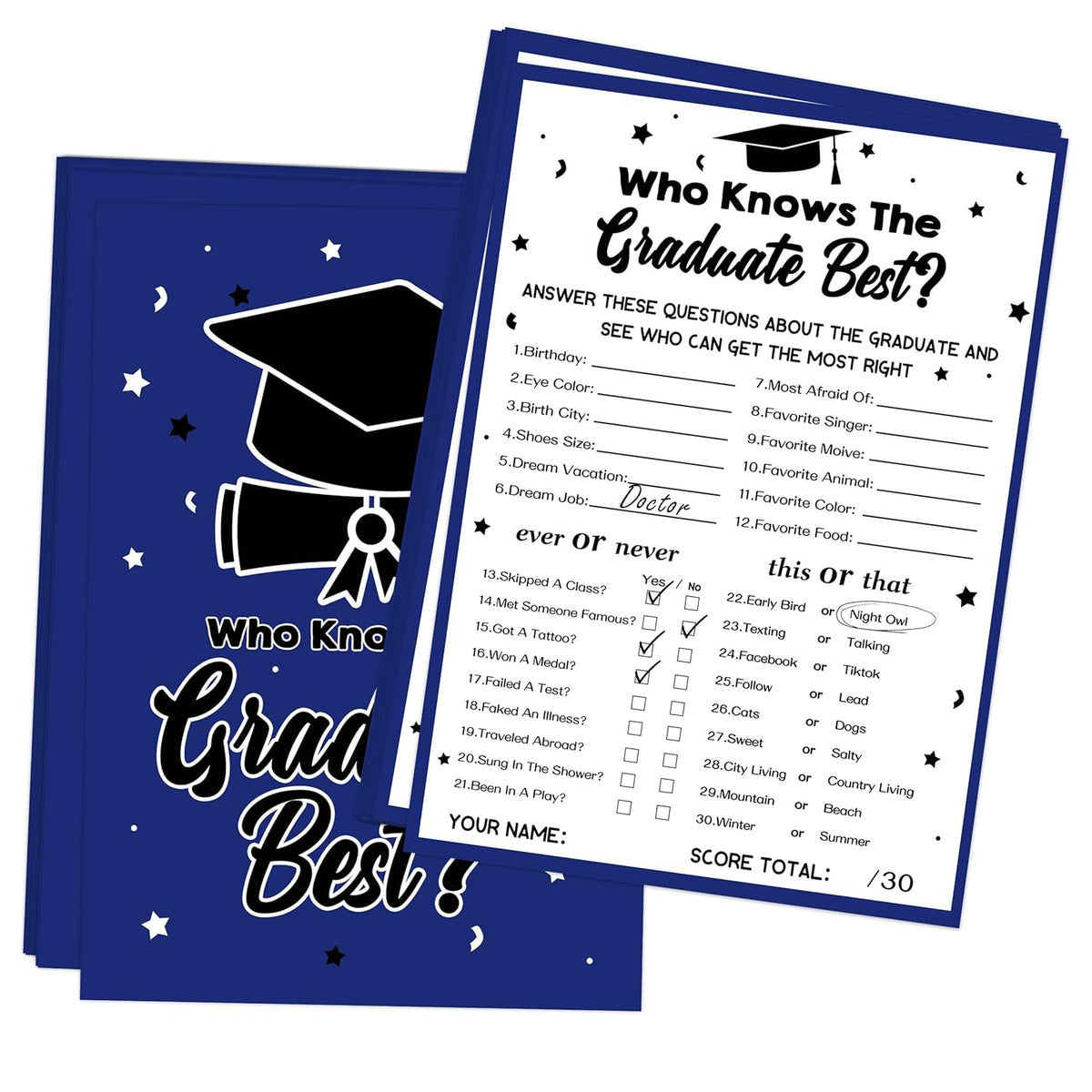 Who Knows The Graduate Best - Graduation Games For Parties 2025, 30Pcs Blue Double-Side Printed Graduation Party Games Cards For High Senior College School Grad Party Favor Supplies