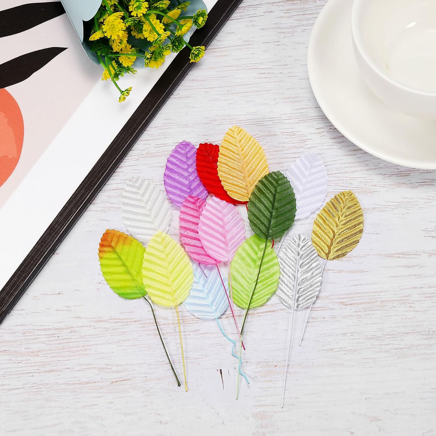 4.3" Artificial Silk Leaf, 200 Pcs Artificial Leaves Stems Fake Leaves Bulk Fake Rose Wire Crafts For Home Office Decor, Gold Silver