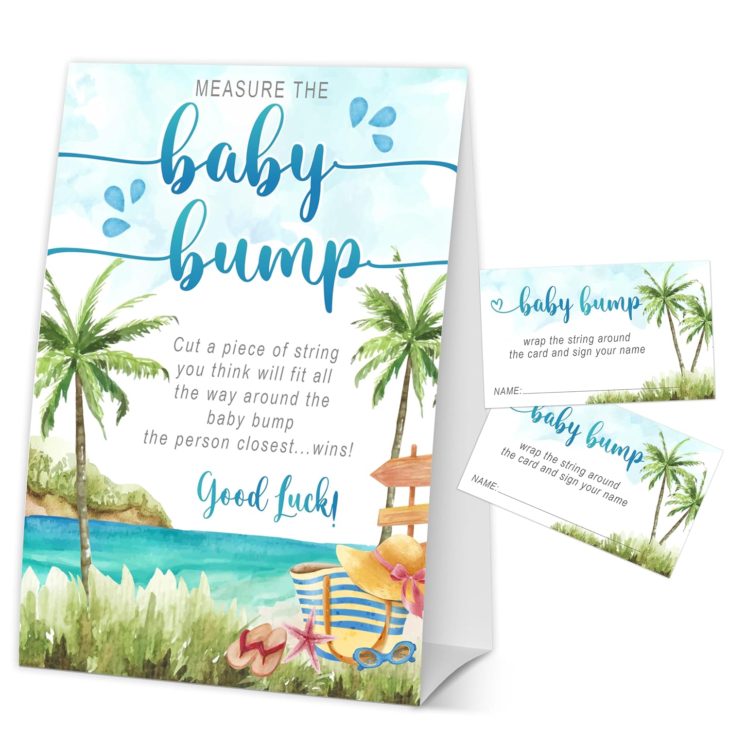 How Big Is Mommys Belly Game, Measure The Baby Bump Baby Shower Game, Summer Beach Baby Shower Party Decorations & Supplies, 1 Sign & 50 Guess Cards-A07