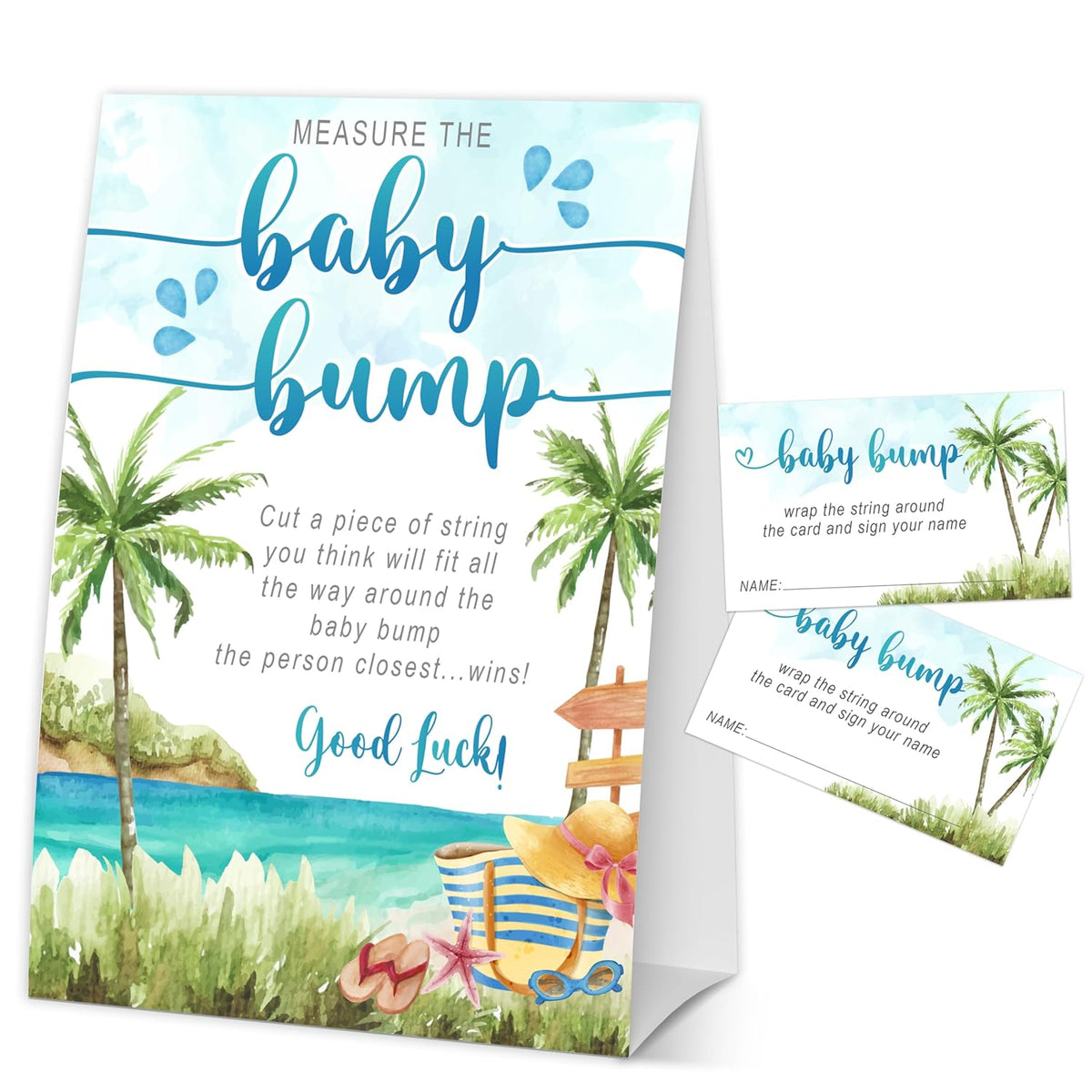 How Big Is Mommys Belly Game, Measure The Baby Bump Baby Shower Game, Summer Beach Baby Shower Party Decorations & Supplies, 1 Sign & 50 Guess Cards-A07