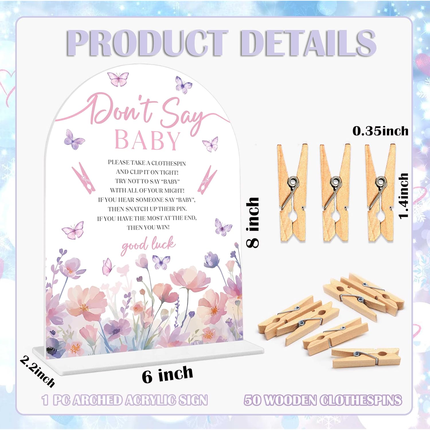 Baby Shower Games - Butterfly Don'T Say Baby Clothespin Game, 1 Arch Acrylic Sign And 50 Mini Clothespins, Gender Reveal Game, Purple Butterfly Baby Shower Decoration Supplies (Gxb02)
