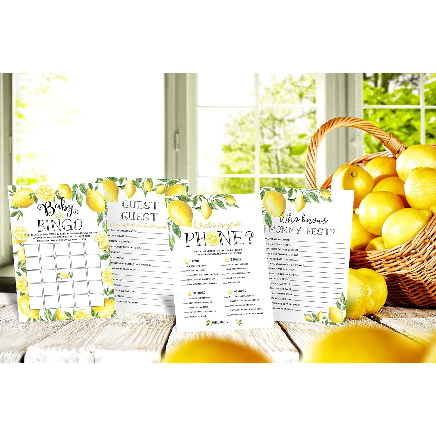 Lemon Floral Baby Shower Games - Babyq Bingo, Guest Quest, Who Knows Mommy Best, What'S In Your Phone - 25 Games Each, 1 Game Per Side