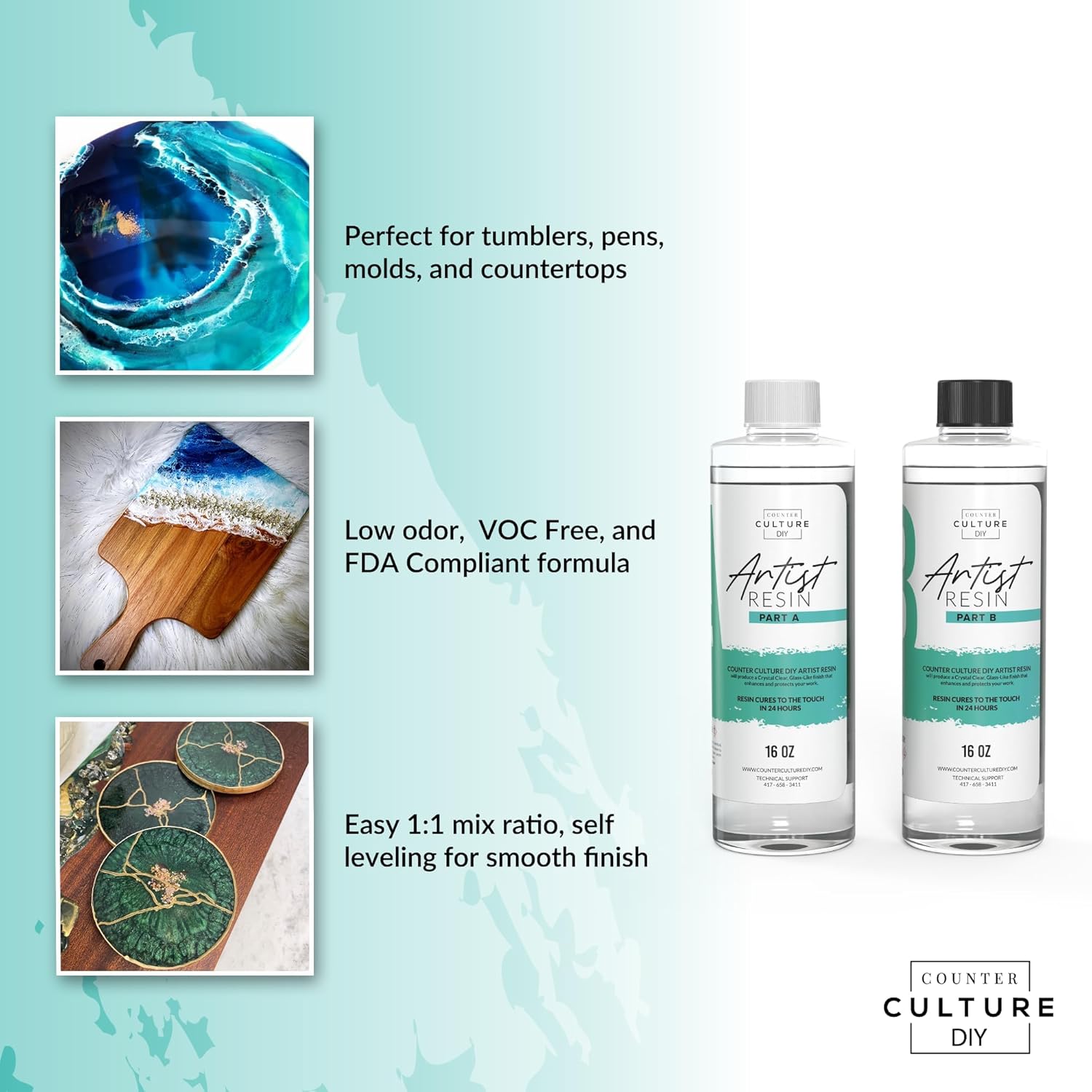 Clear Artist Resin, 32 Oz Kit, Art Epoxy Supplies For Metallic Stains Acrylic 100% Solids Easy Coat No Vocs Scratch Uv Heat Resistant To 500 Degrees