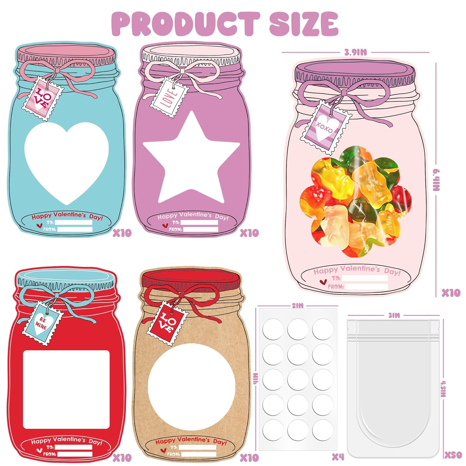 Mason Jar Valentines Day Cards - 50Pack Valentine Mason Jar Cards For Kids, Candy Valentines For Class, Cute Kids Valentines Day Cards With Candy Bags Or Small Valentines Day Gifts For Kid School