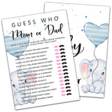 Baby Shower Games & Activity, Guess Who Mom Or Dad Game, Blue Balloon Elephant, Gender Reveal Game Card(5" X 7", 30-Pack)-E08