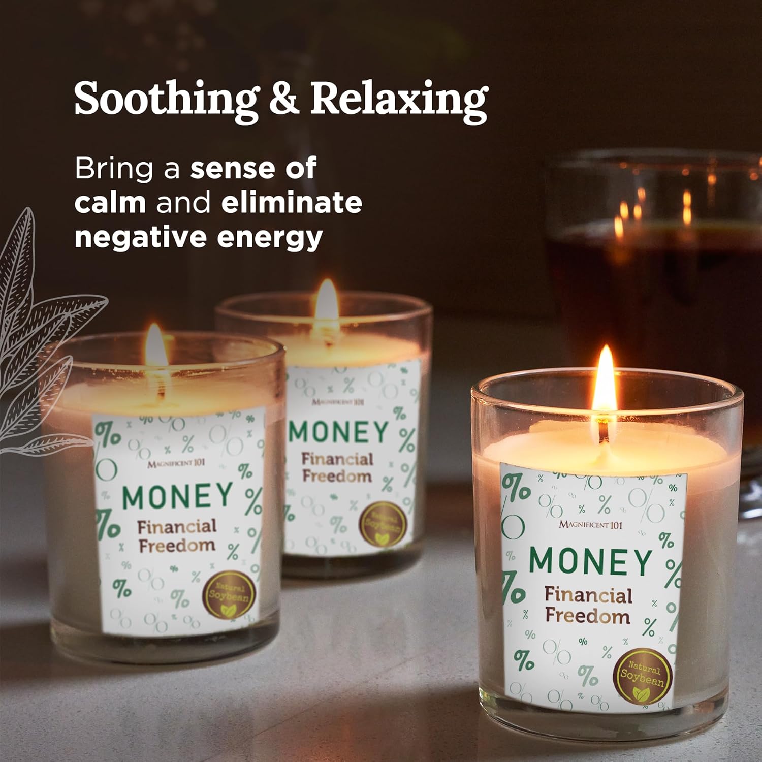 Set Of 3 Long-Lasting Money Financial Freedom Smudge Candles - 10.5 Oz - 42-Hour Burn - Made With Soy Wax And Sage Herbs - Candle For House Energy Cleansing & Manifestation