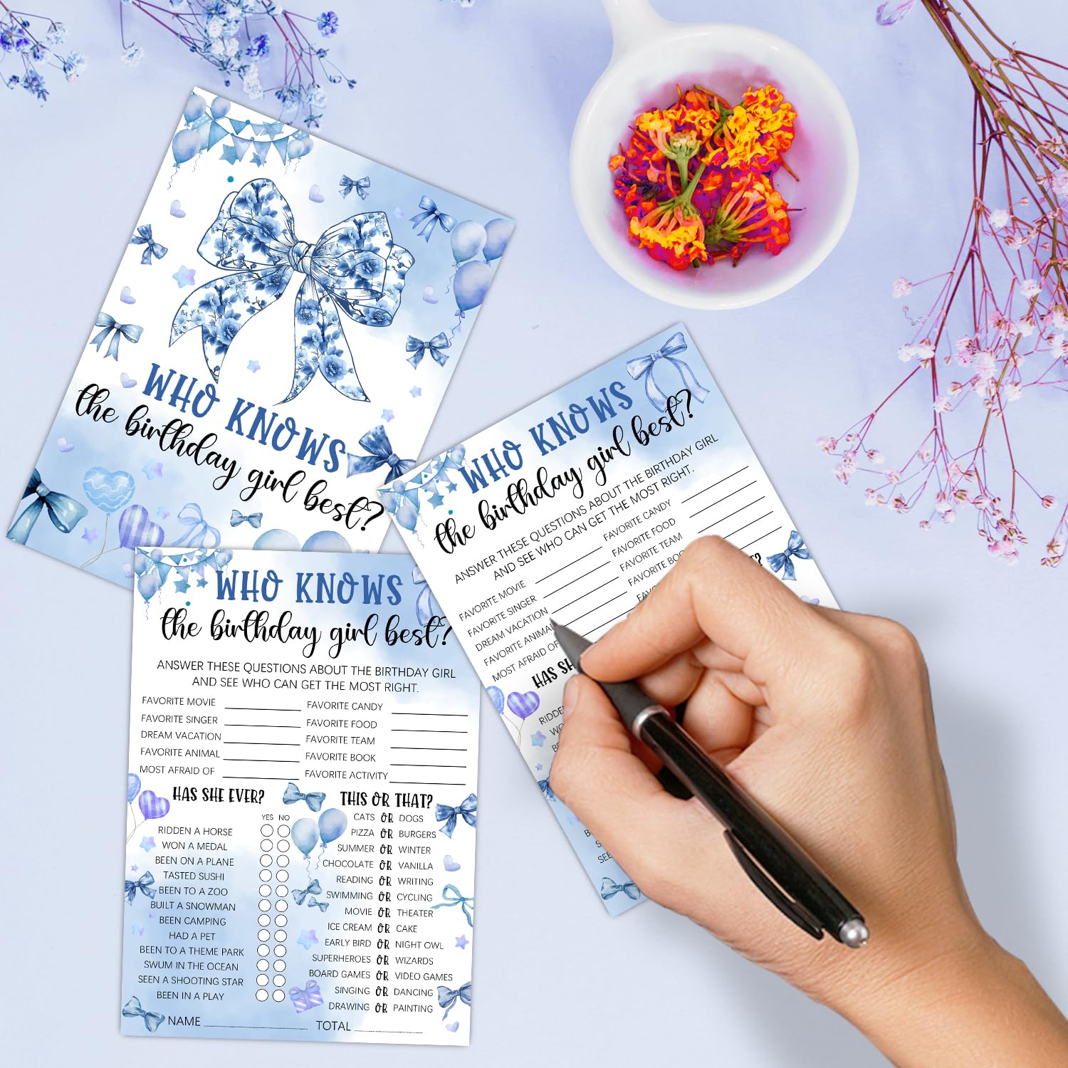 Who Knows The Birthday Best - Blue Party Games Card Set - Blue Bow Themed Sleepover Slumber Party Supplies - Birthday Night Games Creative Idea - 20 Game Cards