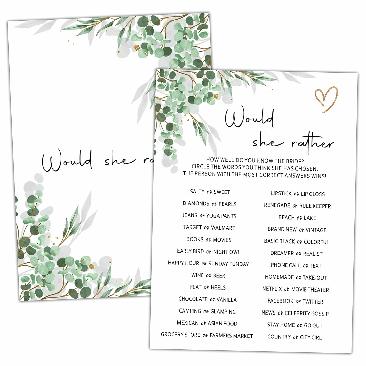 Bridal Shower Party Games, Would She Rather Minimalist Wedding Shower Game For Adults, 25 Eucalyptus Greenery Engagement Party Games Cards (5" X 7"), Bachelorette Party Supplies Decorations -06