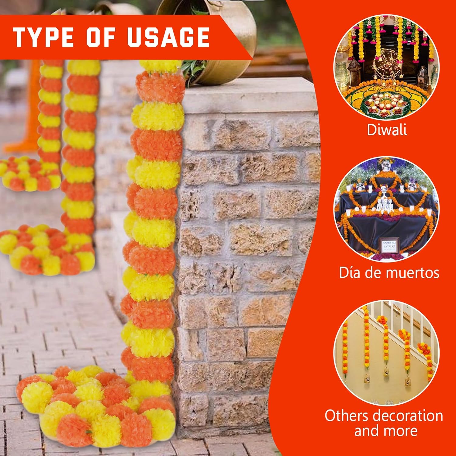 5Pcs Marigold Garland For Decoration,5 Feet Artificial Marigold Flowers Diwali Decorations For Home,Orange And Yellow Artificial Marigold Heads For Diwali Party,Indian Weddings,Halloween,Wreath