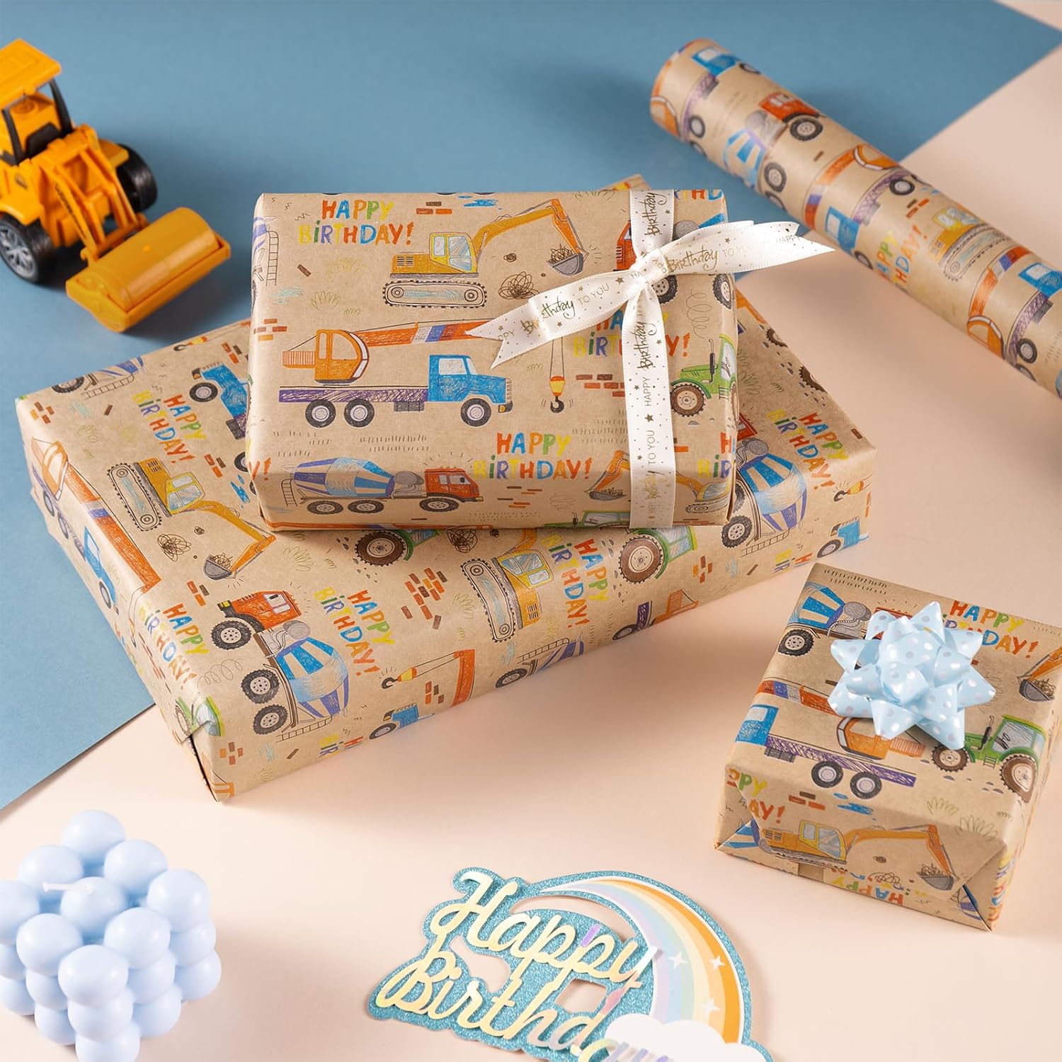 Truck Wrapping Paper Roll, Mini Roll, Cartoon Truck And Happy Birthday Text Design Kraft Wrap Paper Great For Kids Boys Birthday, Truck Party And More - 17 Inches X 16.4 Feet