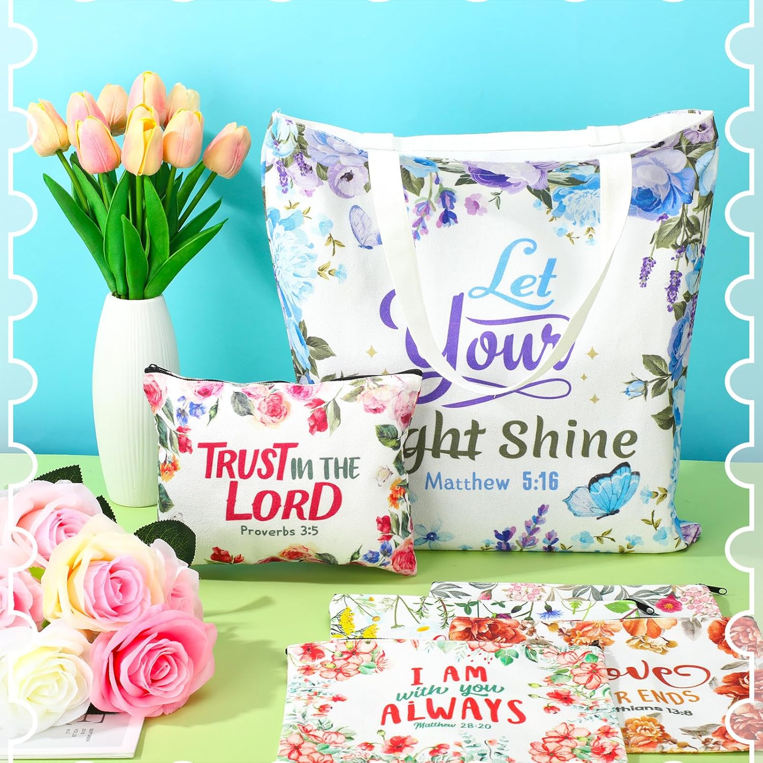 24 Pcs Christian Gifts For Women Bible Verse Makeup Bags Religious Reusable Tote Bags Employee Appreciation Gift Inspirational Canvas Tote Bulk Gifts For Friends Coworker Christmas