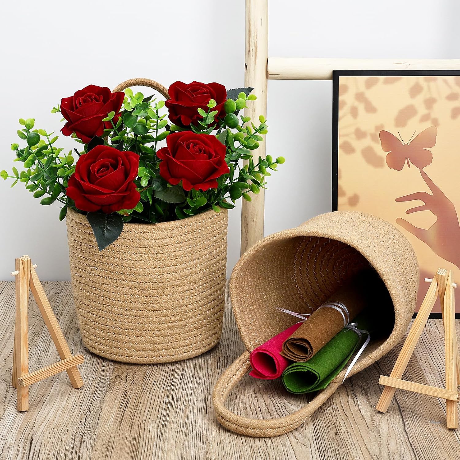 Artificial Roses Flowers With Jute Hanging Basket Pack Of 2, Faux Flannel Floral Eucalyptus Arrangement For Entryway Kitchen Bedroom Living Room Home Decorations - Burgundy