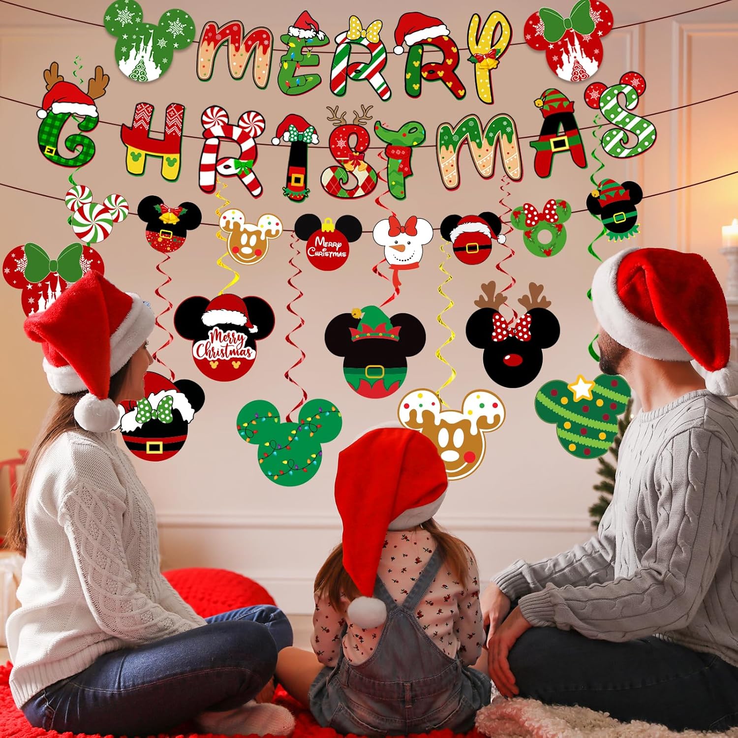 Mouse Theme Christmas Hanging Decorations - Banner, Foil Ceiling Swirls For Winter Holiday Merry Party Supplies