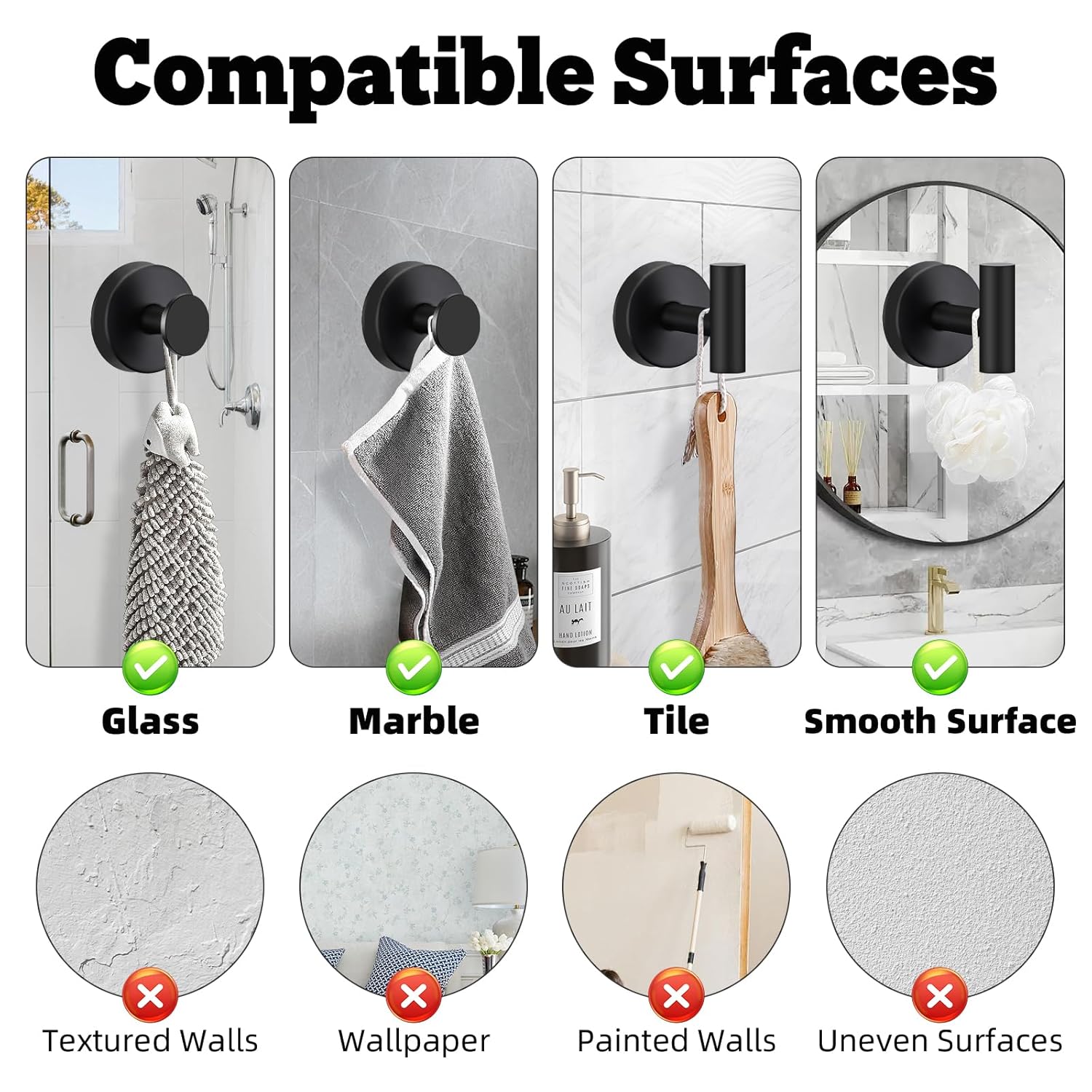 4 Pack Suction Cup Hooks For Shower - Stainless Steel Towel Hooks For Bathroom, Removable Shower Hooks For Bathroom Mirror Window Glass Wall Robe Looafh, Waterproof, Black