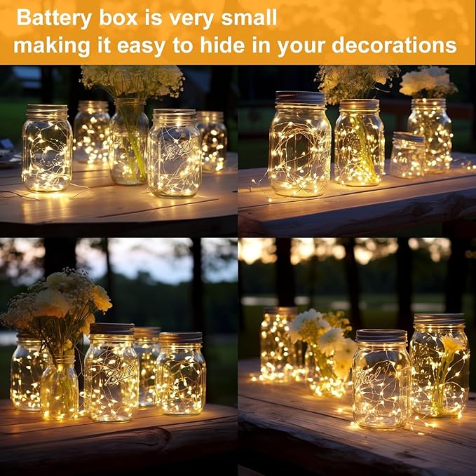 24 Pack Battery Operated Fairy Lights 3.3FT 20 LED Warm White Silver Wire Mini String Lights for Mason Jars Wedding Party Decor