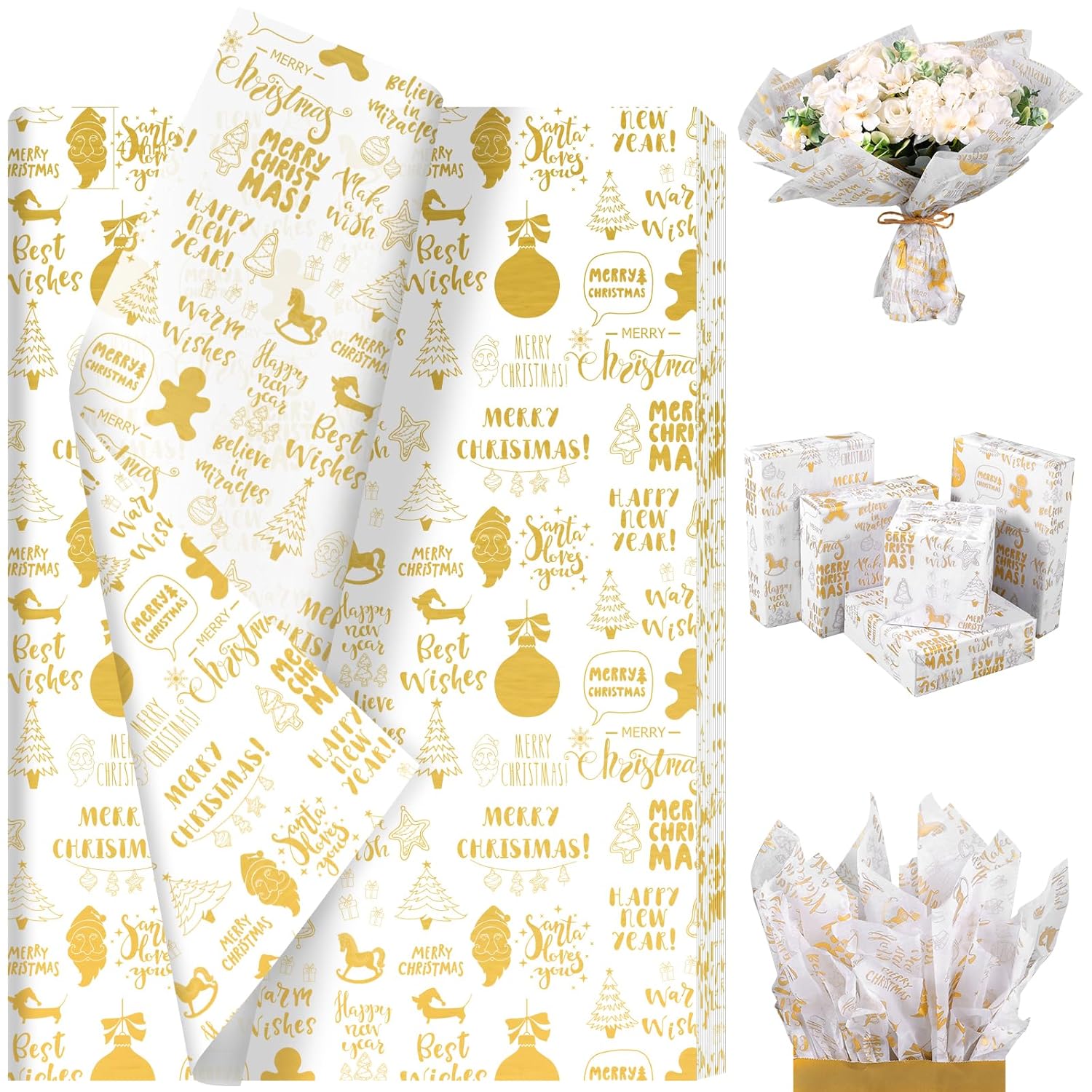 100 Sheet Gold Xmas Letter Tissue Paper, Golden Xmas Letter Gift Wrapping Paper For Christmas Diy Crafts Party Supplies, 13.8 X 19.7 Inch (Gold)