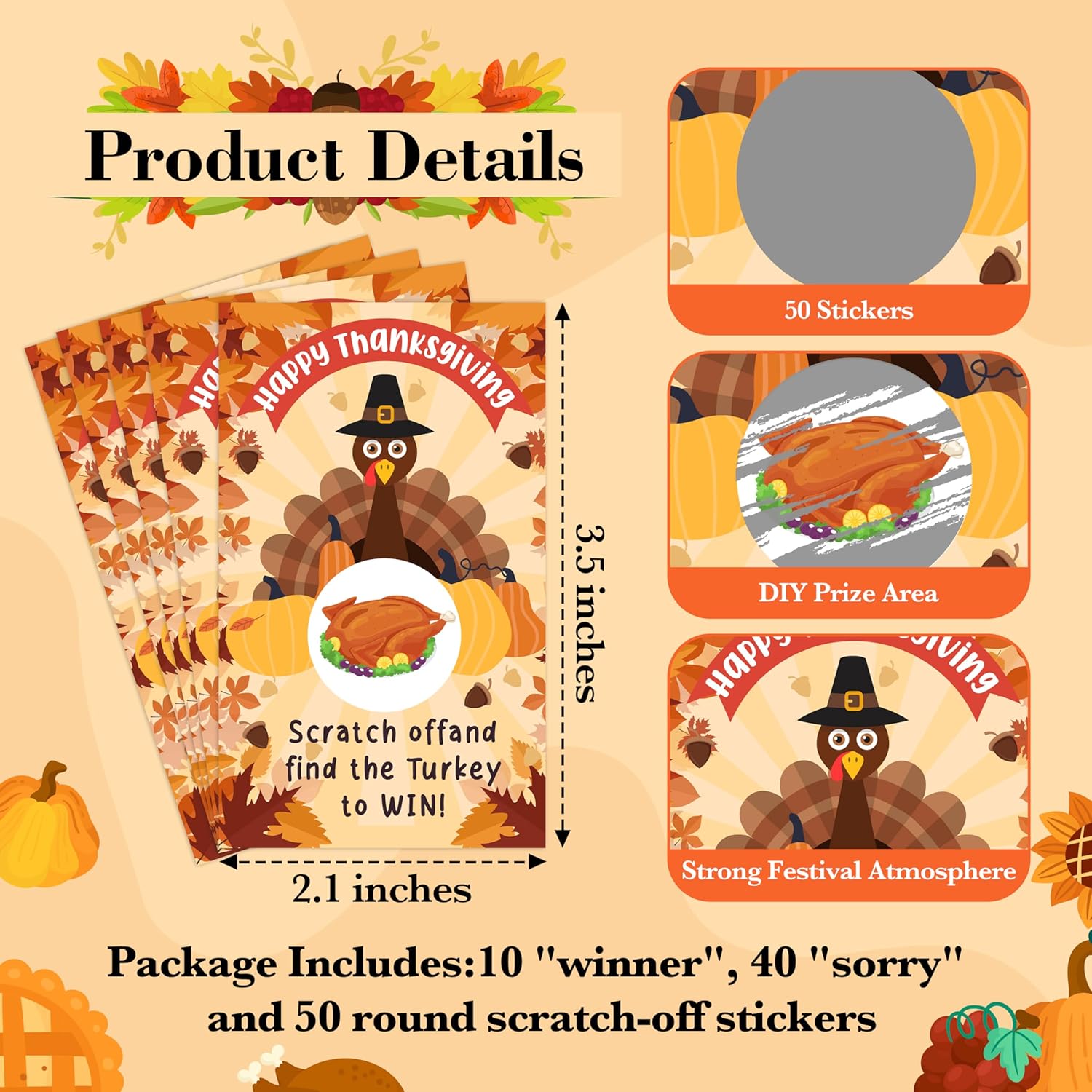 Thanksgiving Scratch Off Cards, 50 Pcs Turkey Scratch Off Tickets, Fall Harvest Party Game Cards For Adults Family Groups Supplies Classroom Activities - A02