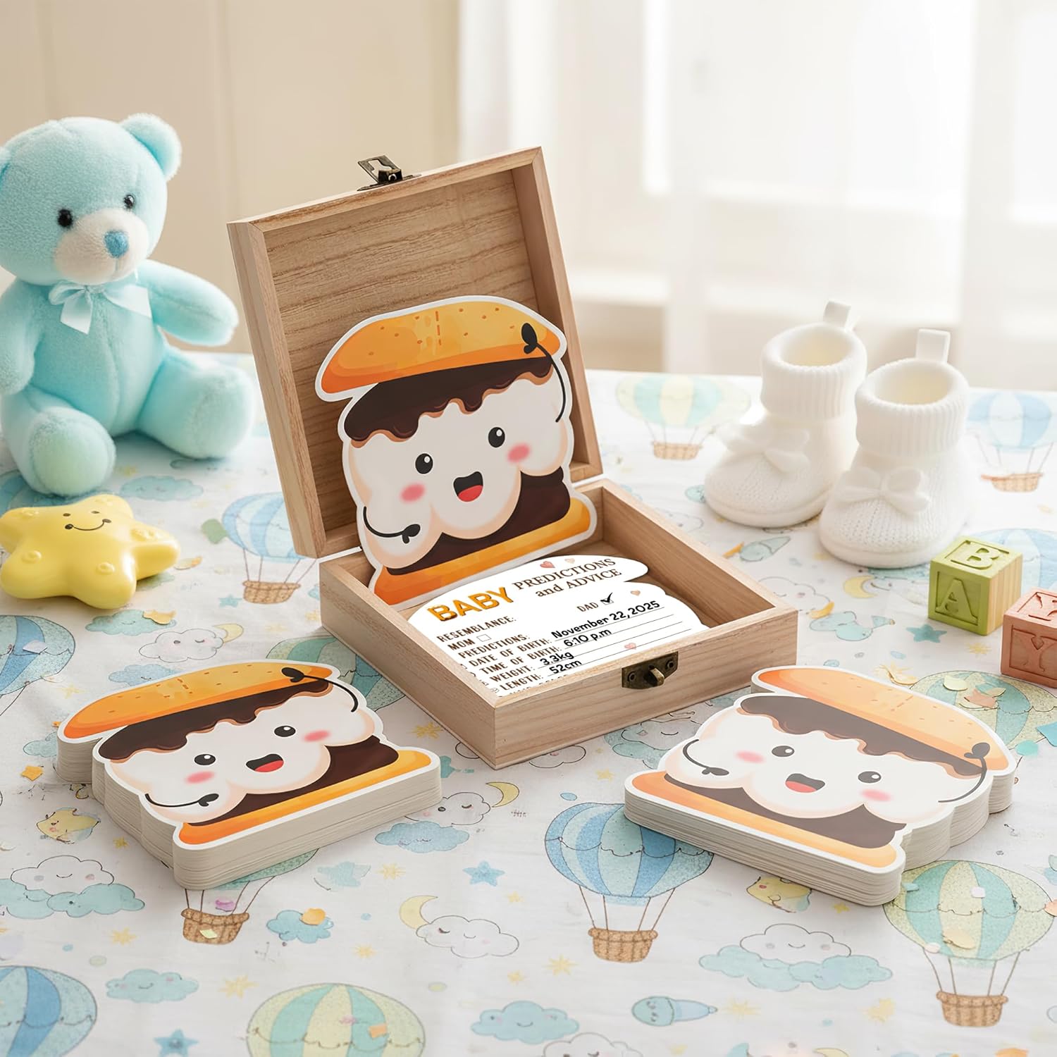 S'Mores Marshmallow Baby Shower Game - 50Pcs Cute Marshmallow Advice & Prediction Cards With Wooden Keepsake Box For New Parents Baby Shower Gender Neutral Party Decor Birthday Gift