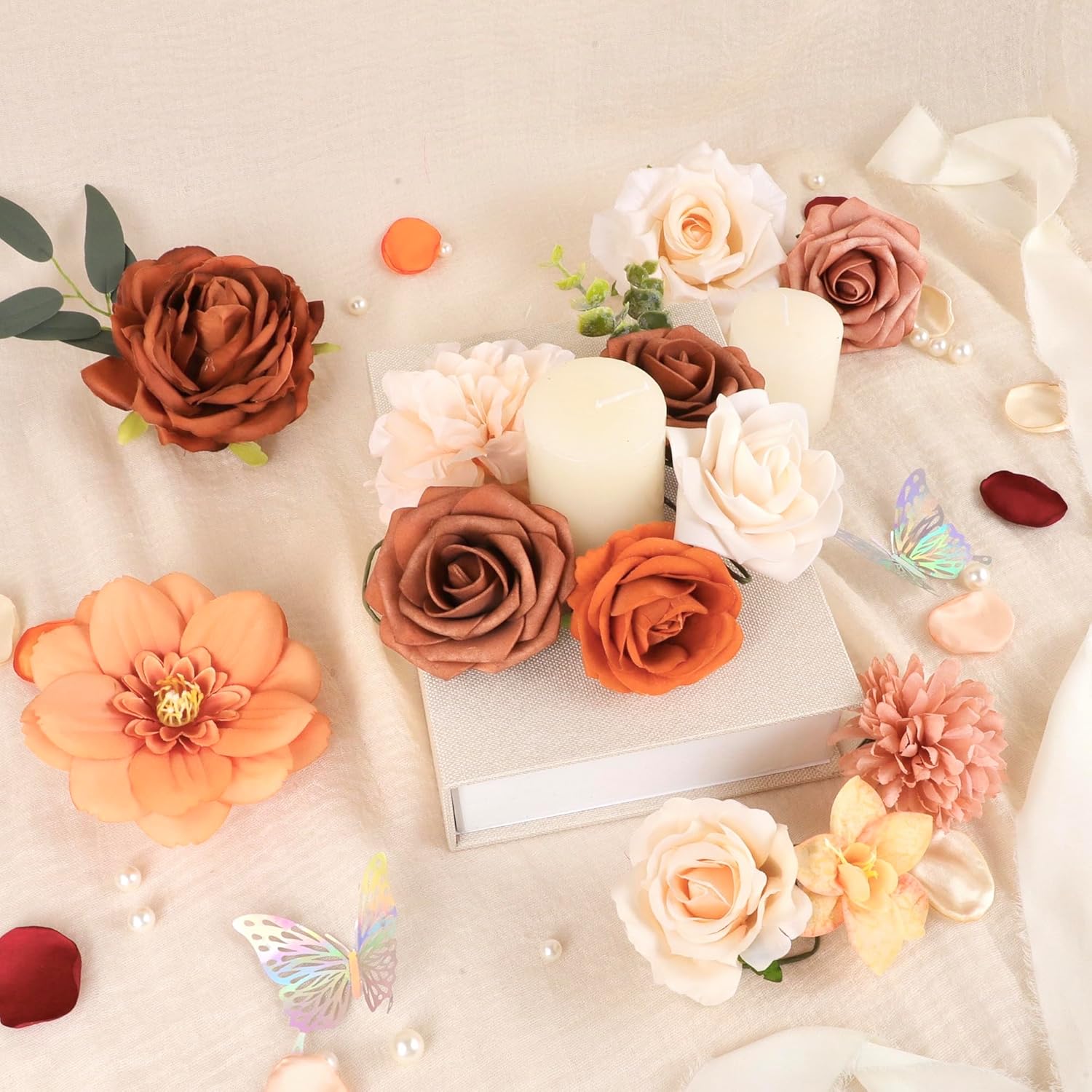 Terracotta Artificial Flowers Fake Roses With Stems Burnt Orange Floral Arrangements Bouquet Of Flowers For Centerpieces Bridal Shower Party Home Fall Wedding Decor
