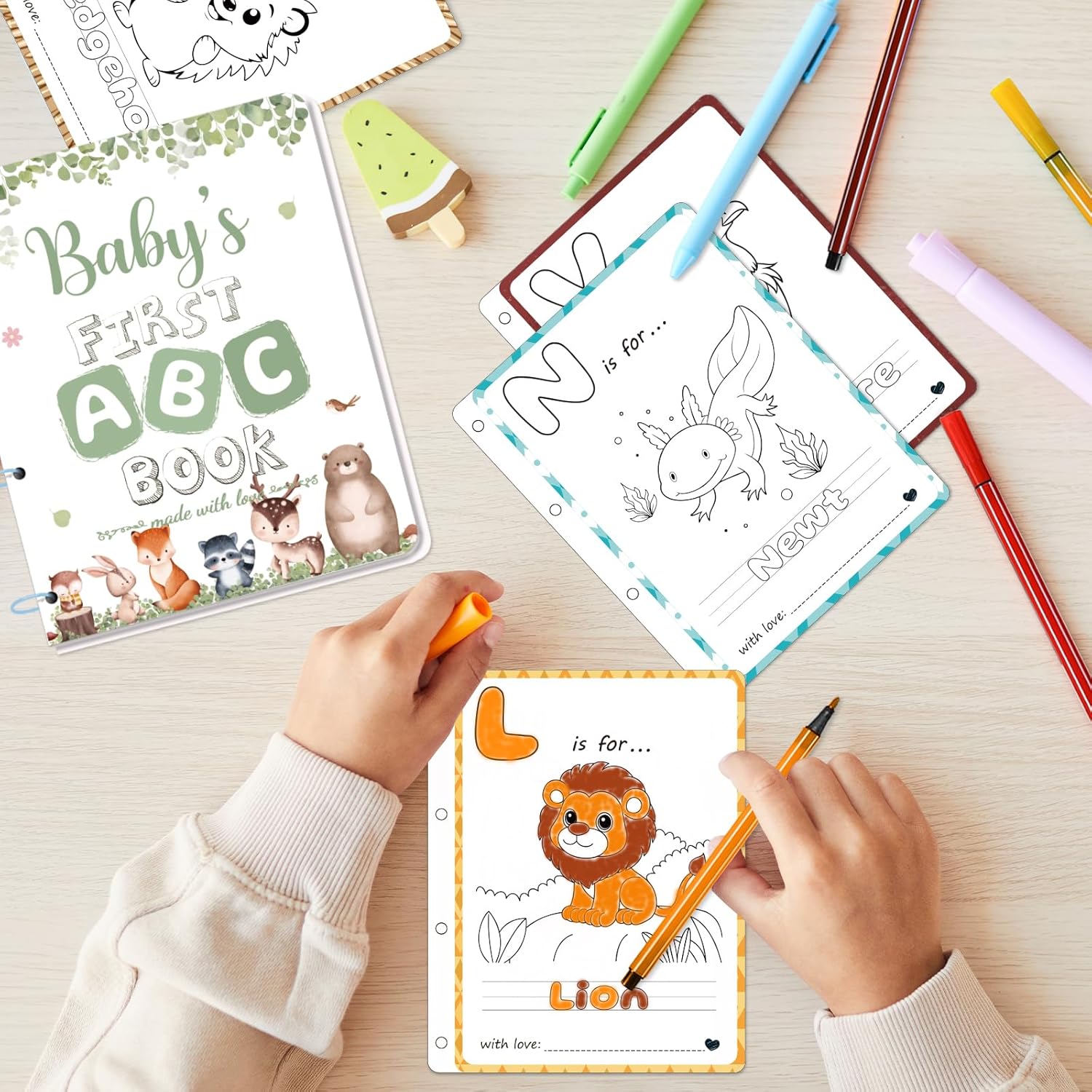 Baby’S First Abc Book Baby Shower Activity & Guest Book Alternative, Alphabet Coloring Book Keepsake Game With 24 Watercolor Pens, Woodland Animal Theme For Baby Shower Or Sprinkle
