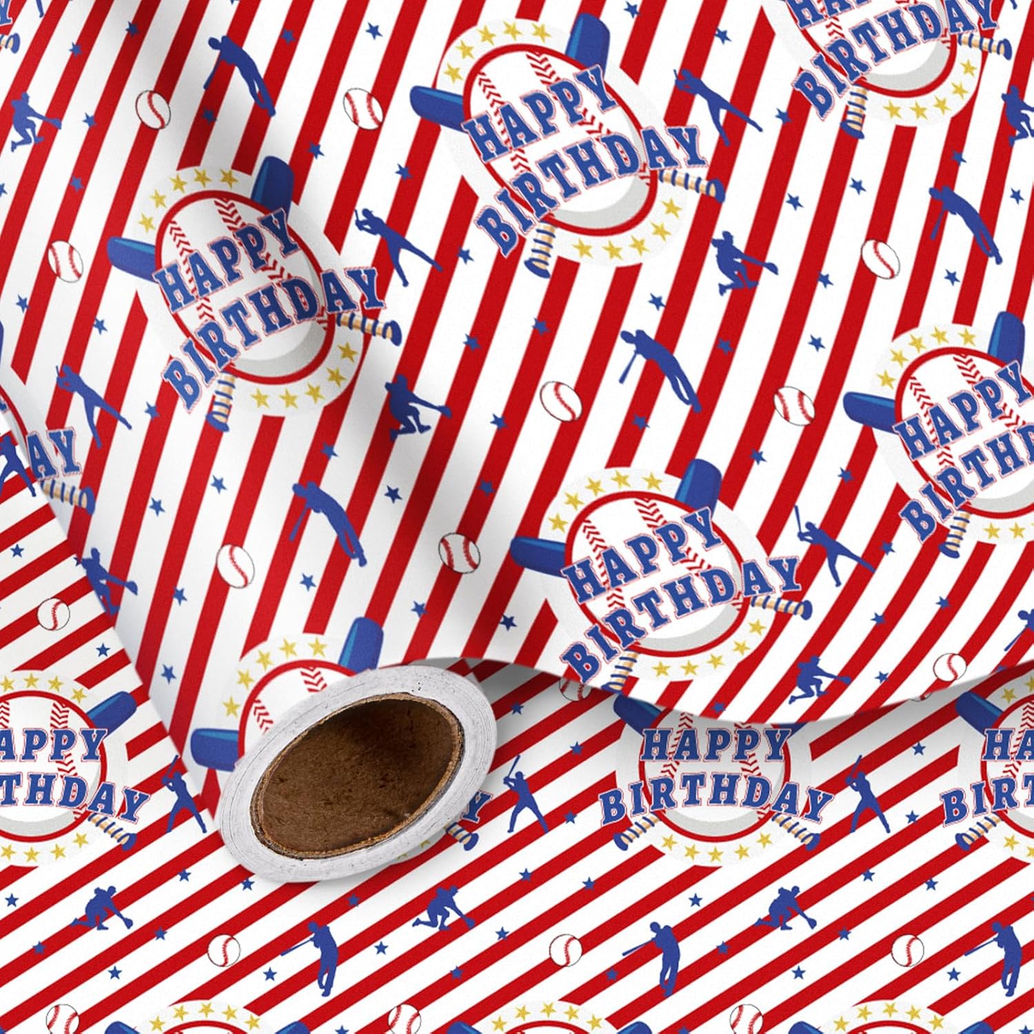 Baseball Birthday Wrapping Paper Roll, Red White Blue Gift Wrap With Happy Birthday Text, Stars & Bats Design, Perfect For Boys Kids Party Celebration, Mini Roll 17 Inches X 9.8 Feet