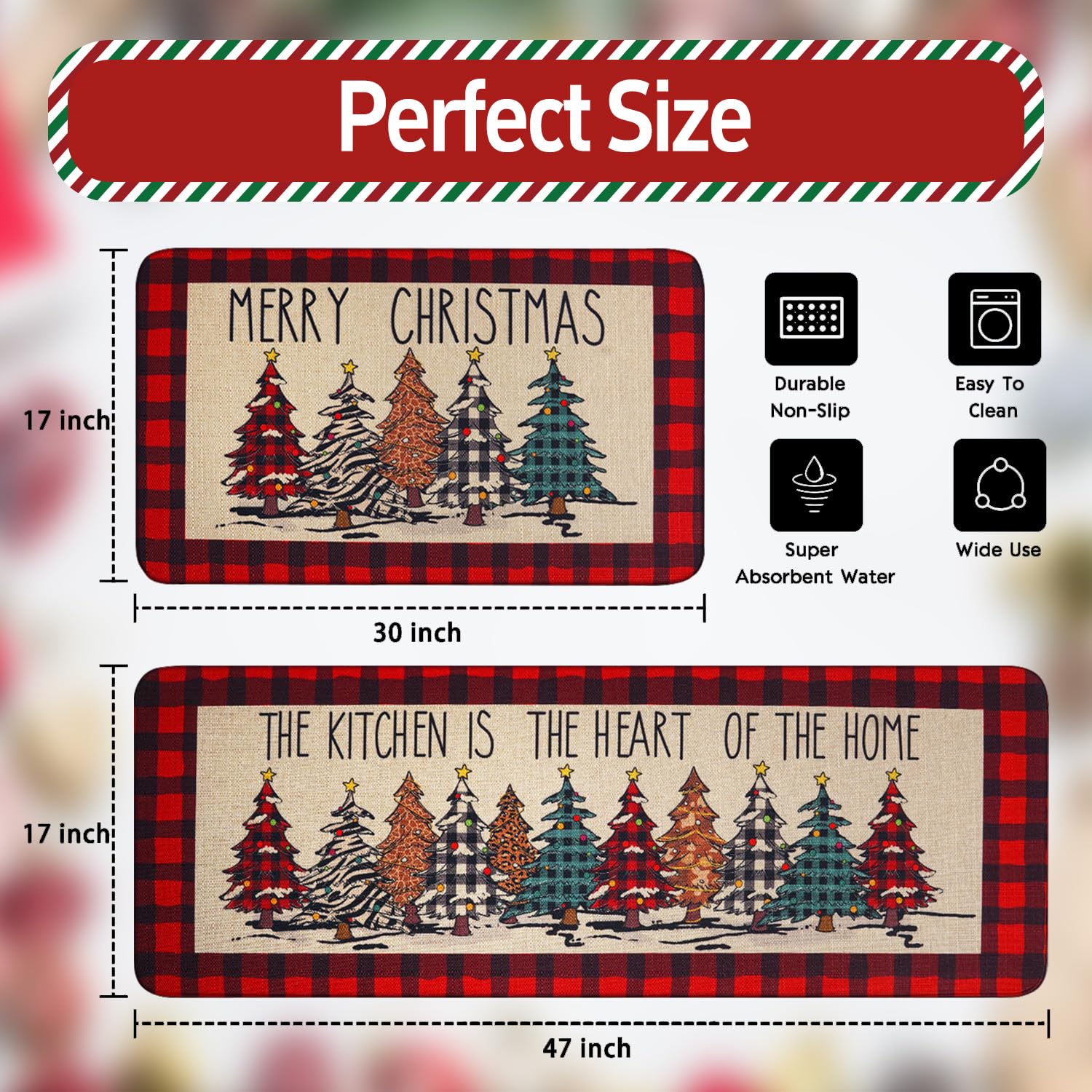 Buffalo Plaid Christmas Tree Merry Christmas Kitchen Mats Set Of 2, Xmas Winter Home Decor Low-Profile Kitchen Rugs For Floor,Red Christmas Kitchen Mats For Floor 17X30+ 17X47 Inch