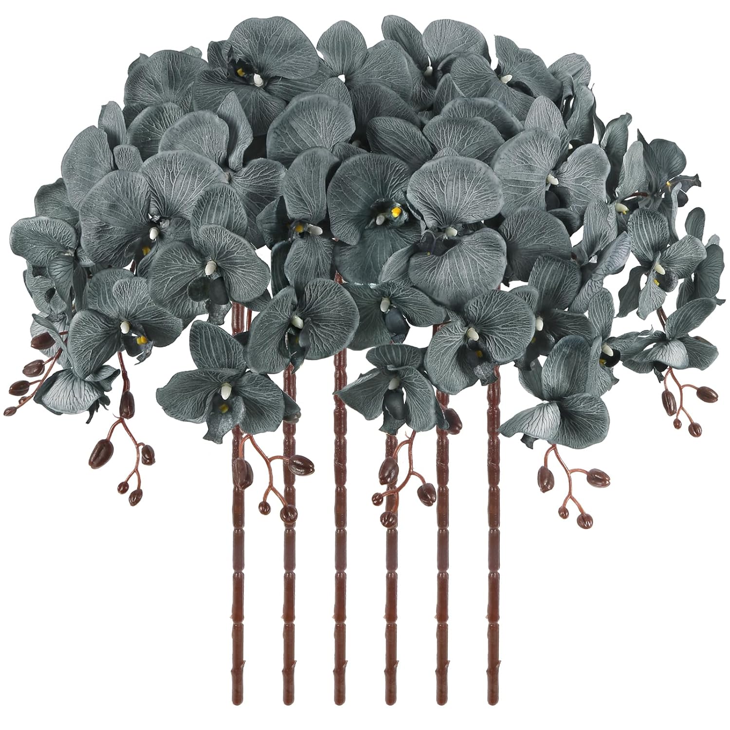 41In Artificial Orchids Fake Orchid 6Pcs Velvet Silk Orchids That Look Real Long Stem Artificial Flowers For Tall Vase For Home Party Fall Halloween Décor (Gray)