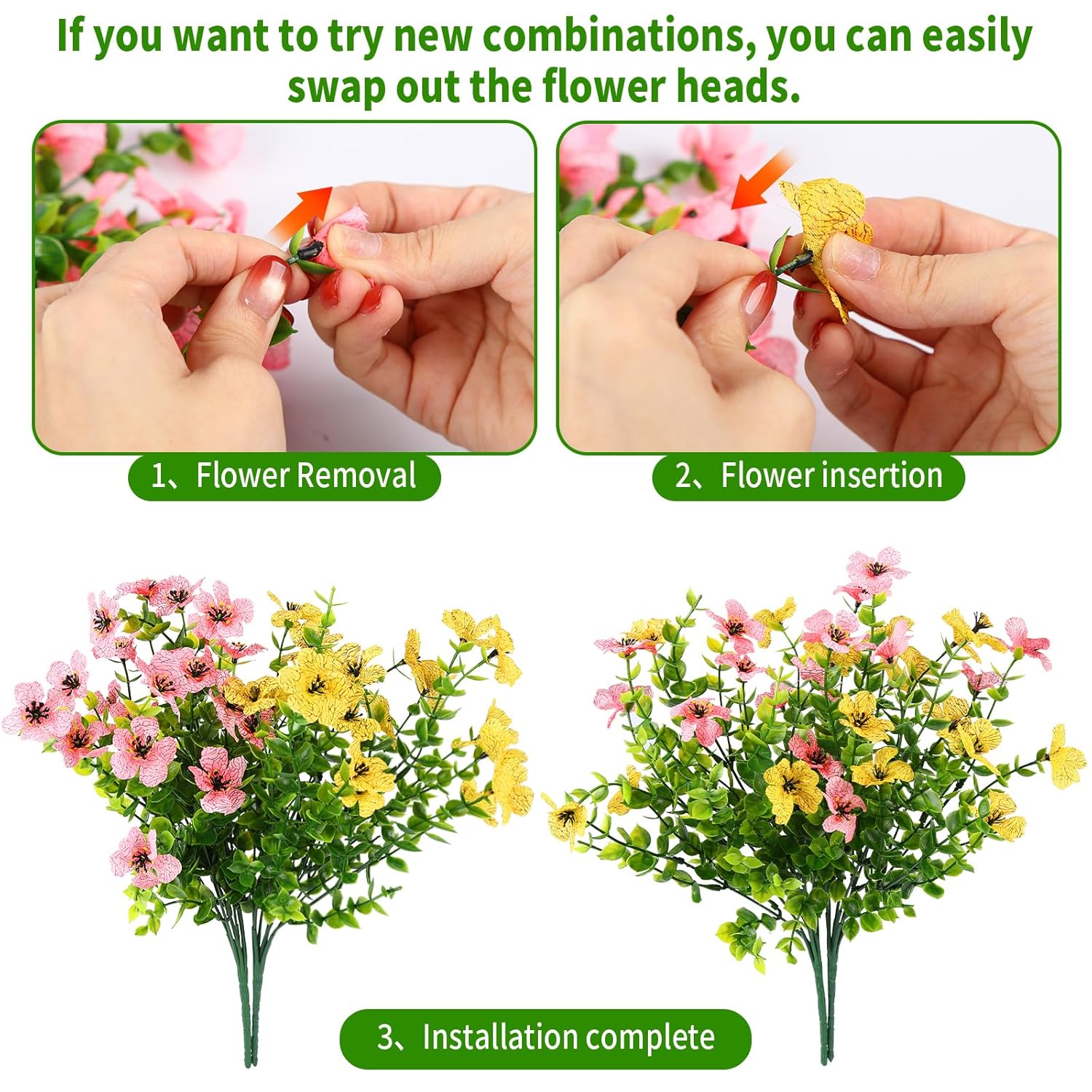 12Pcs Artificial Flowers With 21 Replaceable Flower Heads - No Fade Fake Flowers Plants, Realistic Uv Resistant Faux Flowers For Home Decor, Wedding, Outdoor Patio & Diy Arrangements (Pink/Yellow)