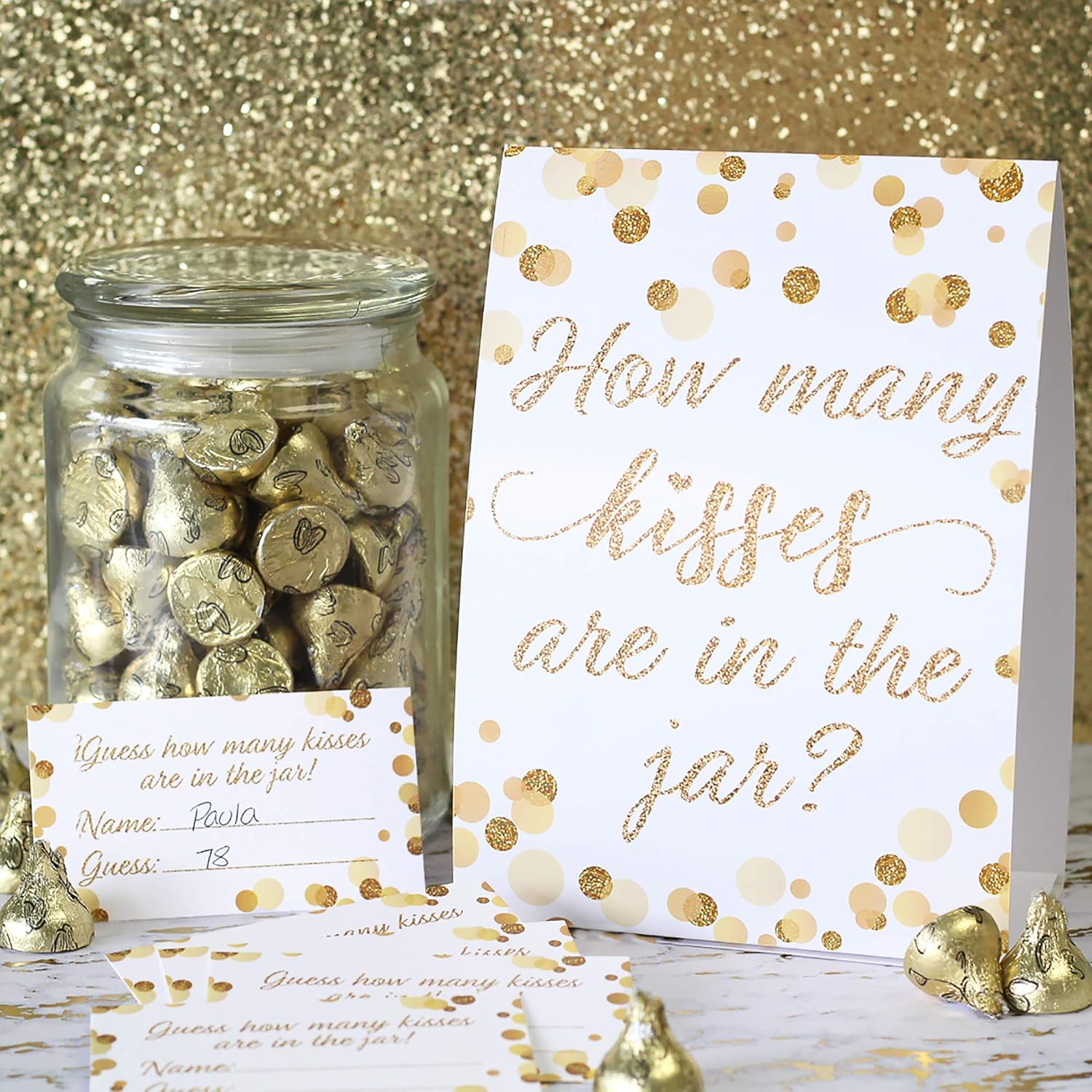 How Many Kisses In The Jar Game - White And Gold (1Sign With 30 Guessing Cards) - Bridal Shower, 50Th Wedding Anniversary, Birthday Party Game